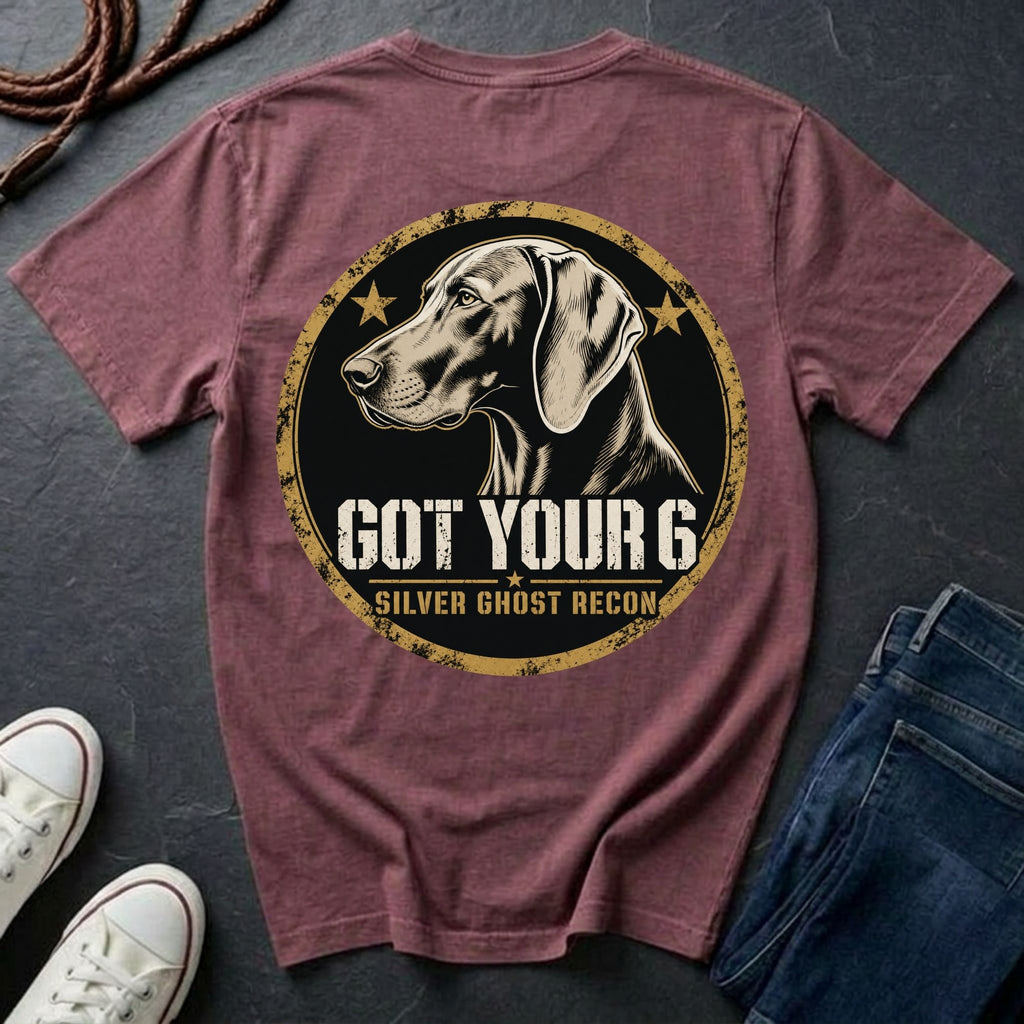 Weimaraner Got Your 6 t-shirt design, gold distressed military badge with Silver Ghost Recon text on a berry Comfort Colors Tee