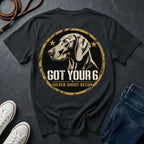 Weimaraner Got Your 6 t-shirt design, gold distressed military badge with Silver Ghost Recon text on a black Comfort Colors Tee