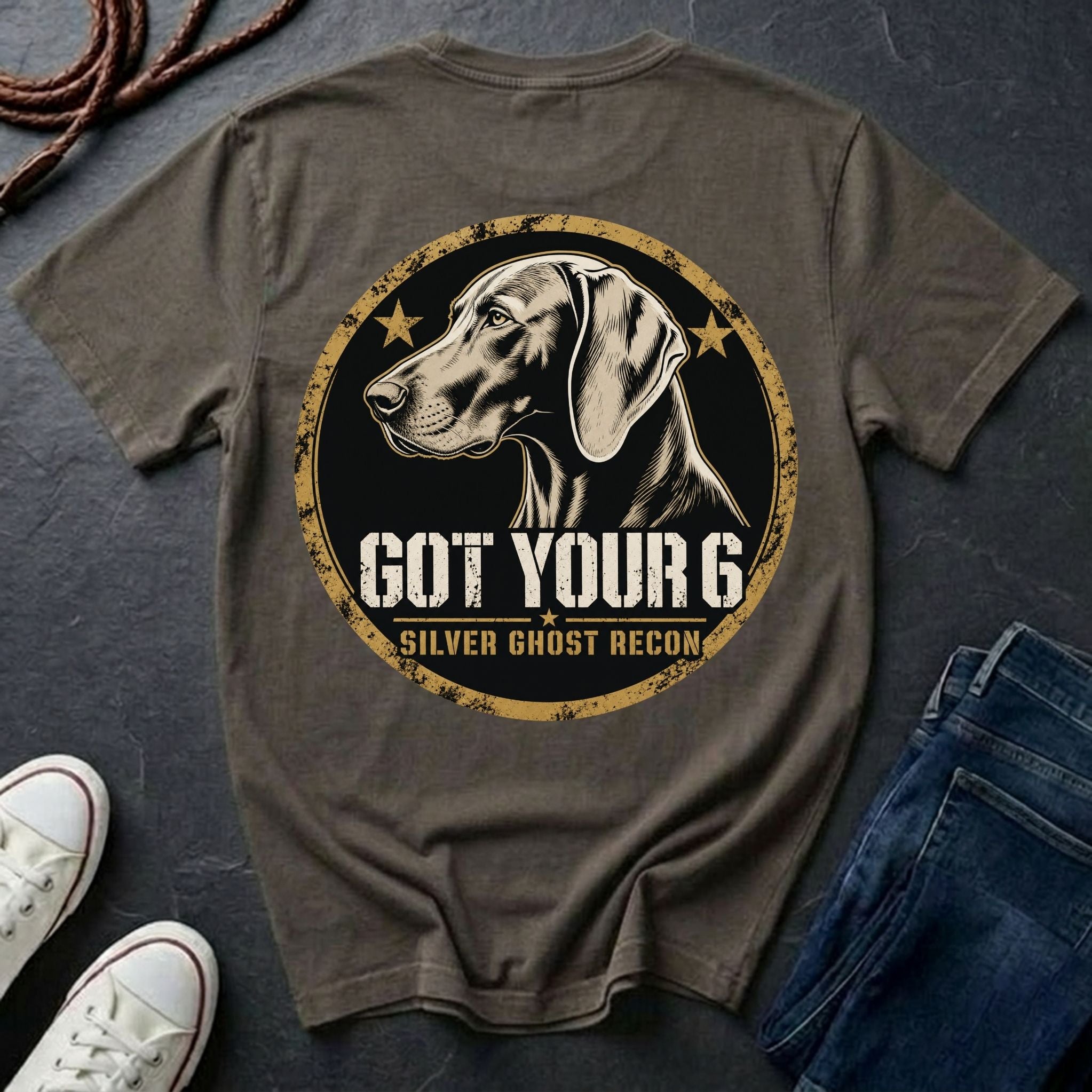 Weimaraner Got Your 6 t-shirt design, gold distressed military badge with Silver Ghost Recon text on a grey Comfort Colors Tee