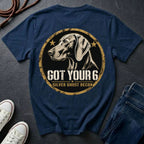 Weimaraner Got Your 6 t-shirt design, gold distressed military badge with Silver Ghost Recon text on a navy Comfort Colors Tee
