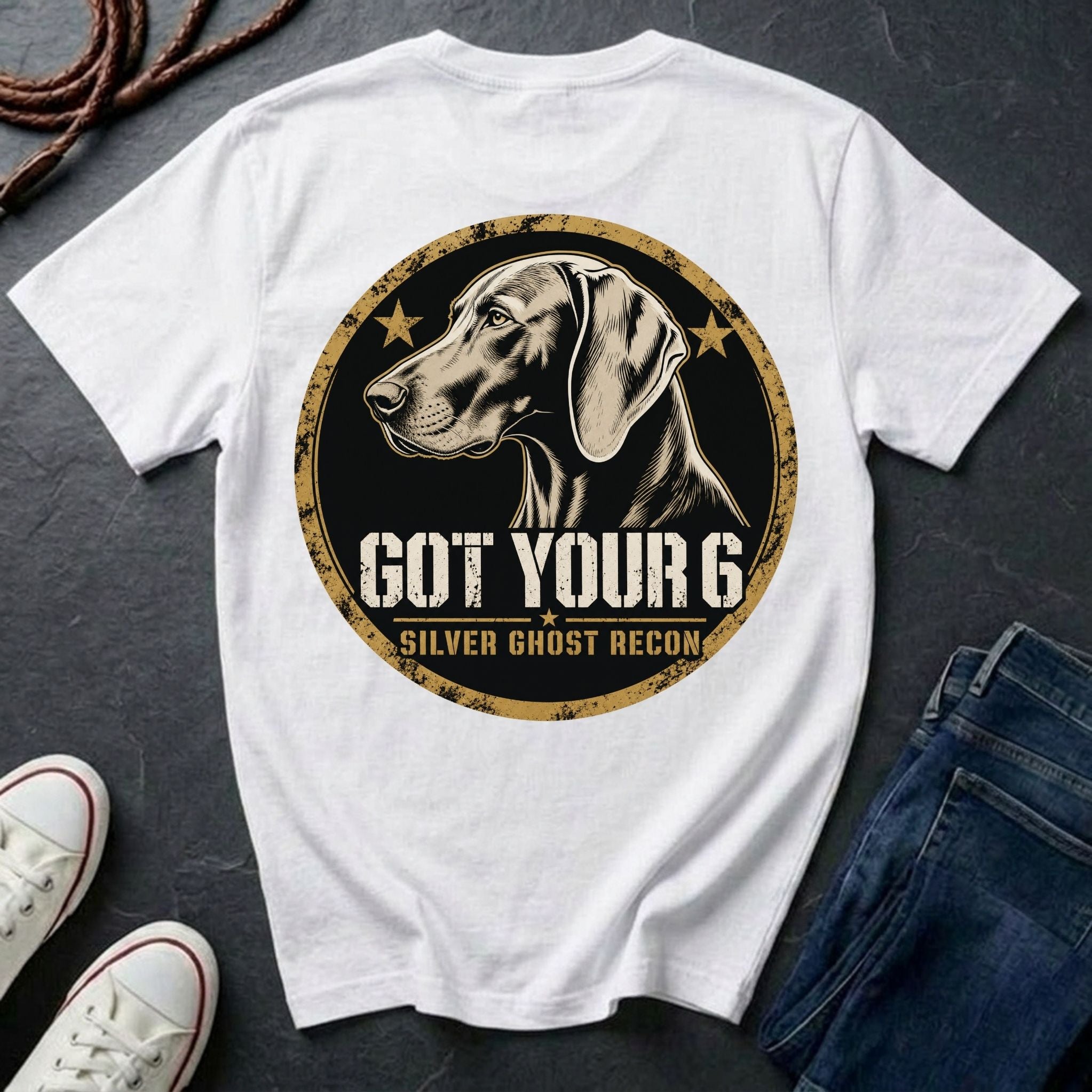 Weimaraner Got Your 6 t-shirt design, gold distressed military badge with Silver Ghost Recon text on a white Comfort Colors Tee