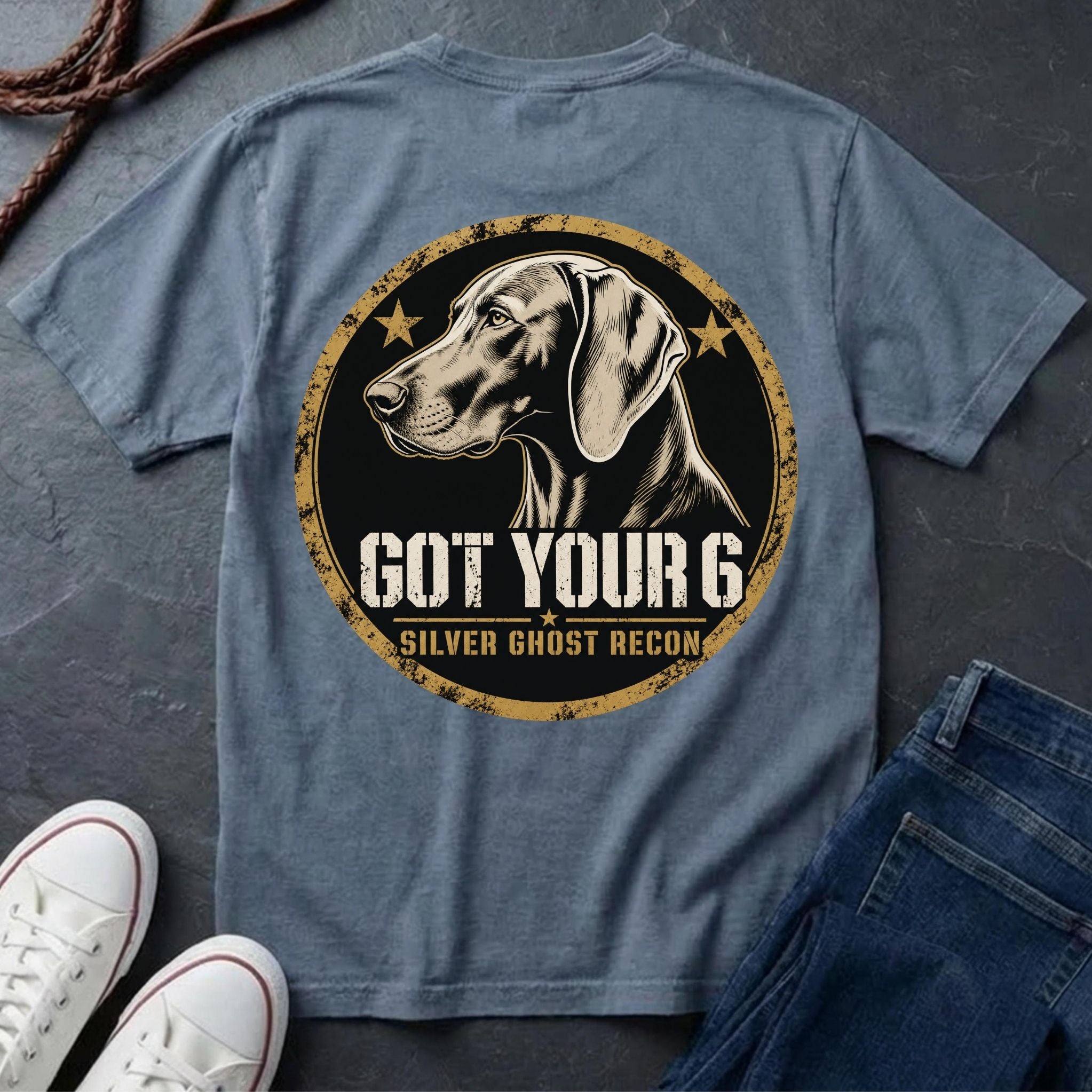 Weimaraner Got Your 6 t-shirt design, gold distressed military badge with Silver Ghost Recon text on a blue jean Comfort Colors Tee