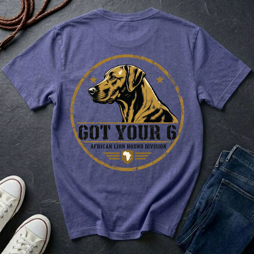 Rhodesian Ridgeback Got Your 6 t-shirt design, gold distressed military badge with African Lion Hound Division text on a violet Comfort Colors Tee