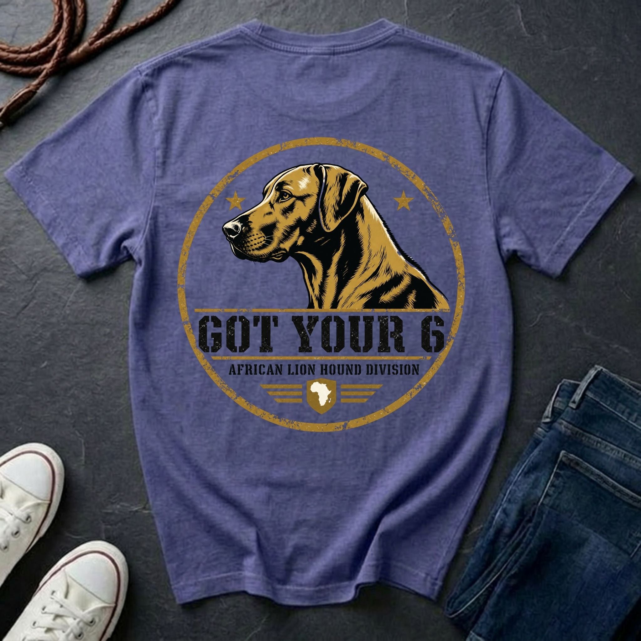 Rhodesian Ridgeback Got Your 6 t-shirt design, gold distressed military badge with African Lion Hound Division text on a violet Comfort Colors Tee
