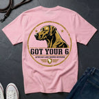 Rhodesian Ridgeback Got Your 6 t-shirt design, gold distressed military badge with African Lion Hound Division text on a blossom Comfort Colors Tee