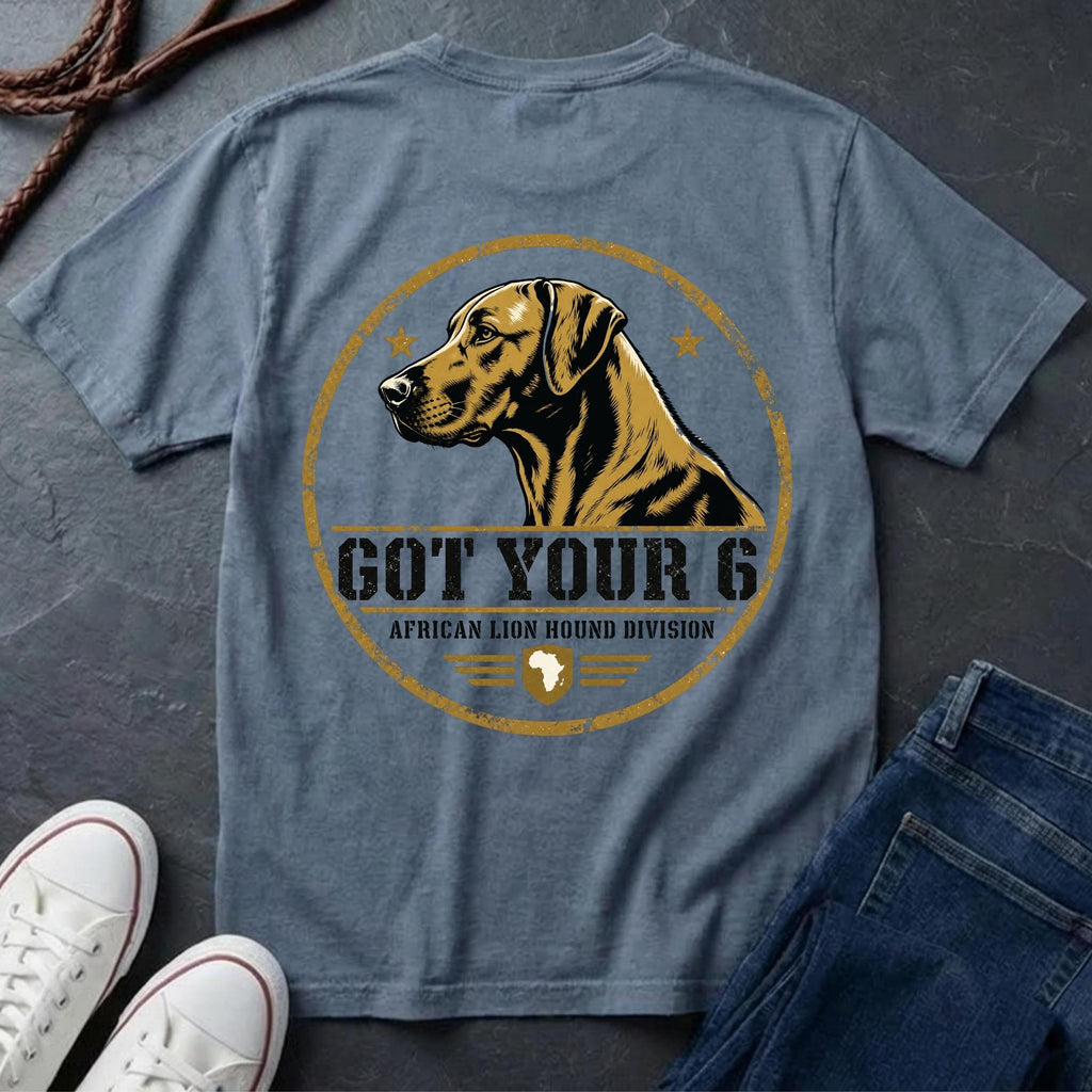 Rhodesian Ridgeback Got Your 6 t-shirt design, gold distressed military badge with African Lion Hound Division text on a blue jean Comfort Colors Tee