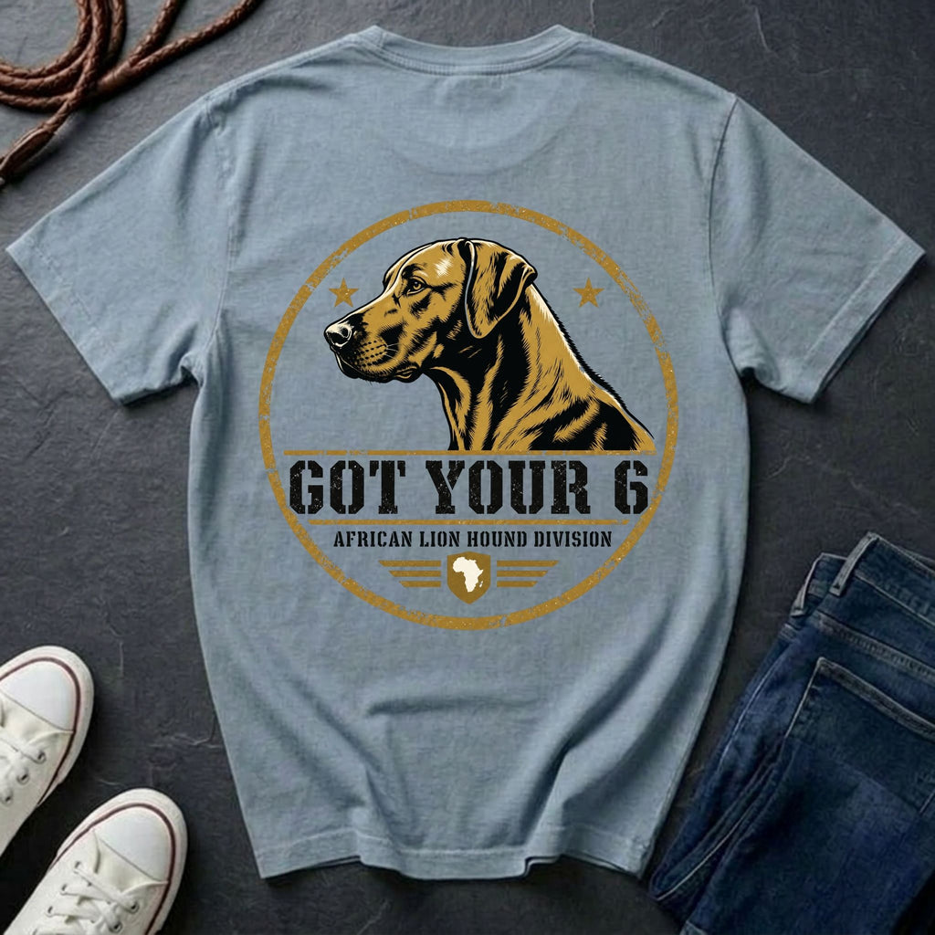 Rhodesian Ridgeback Got Your 6 t-shirt design, gold distressed military badge with African Lion Hound Division text on a chambray Comfort Colors Tee