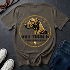 Rhodesian Ridgeback Got Your 6 t-shirt design, gold distressed military badge with African Lion Hound Division text on a grey Comfort Colors Tee