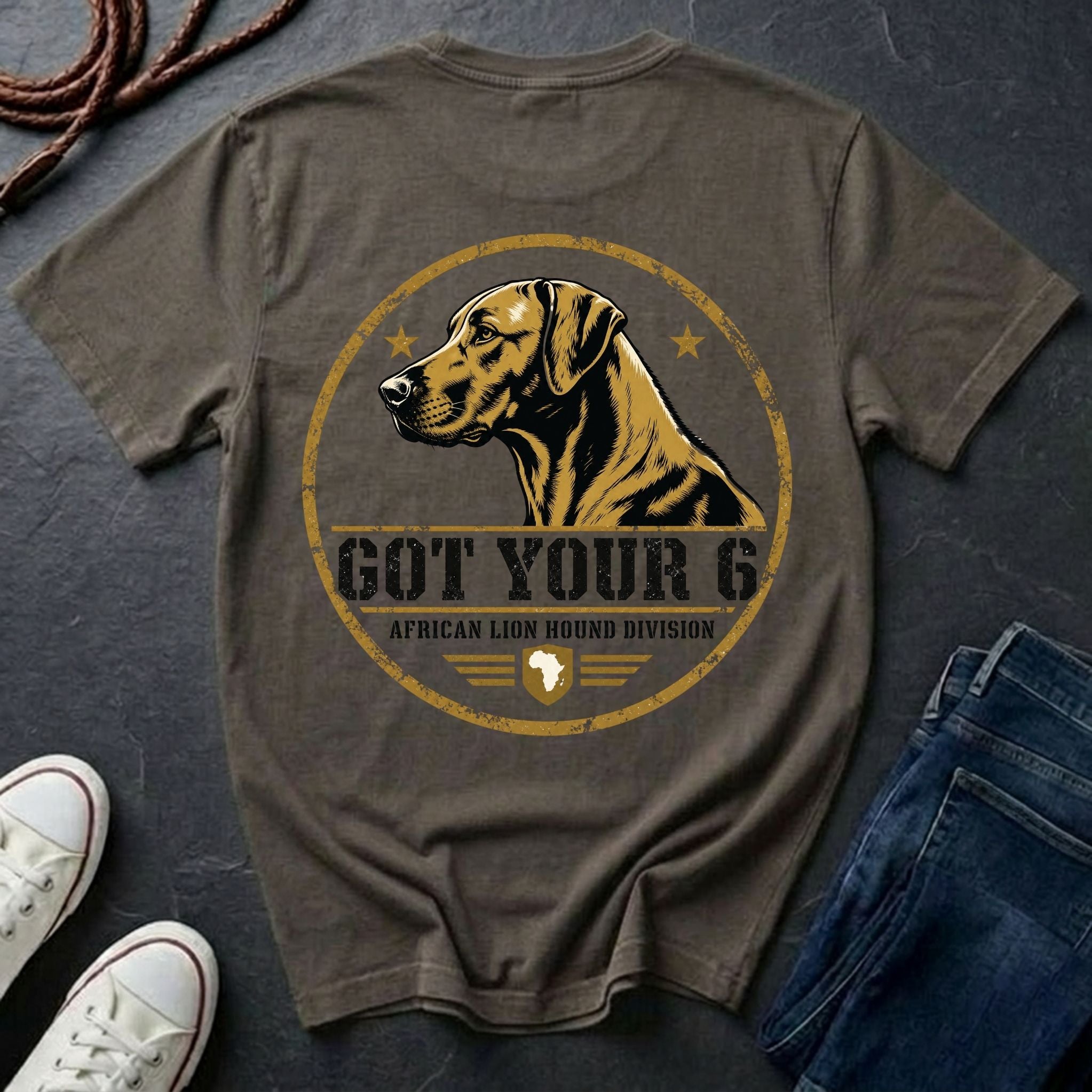Rhodesian Ridgeback Got Your 6 t-shirt design, gold distressed military badge with African Lion Hound Division text on a grey Comfort Colors Tee