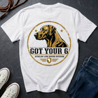 Rhodesian Ridgeback Got Your 6 t-shirt design, gold distressed military badge with African Lion Hound Division text on a white Comfort Colors Tee