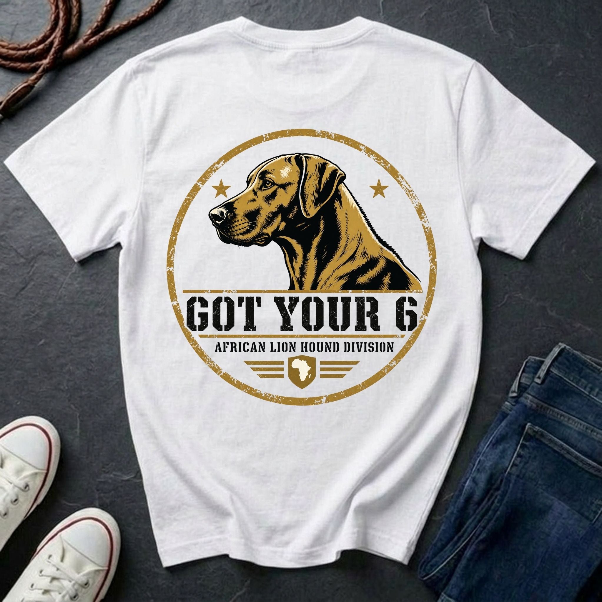 Rhodesian Ridgeback Got Your 6 t-shirt design, gold distressed military badge with African Lion Hound Division text on a white Comfort Colors Tee