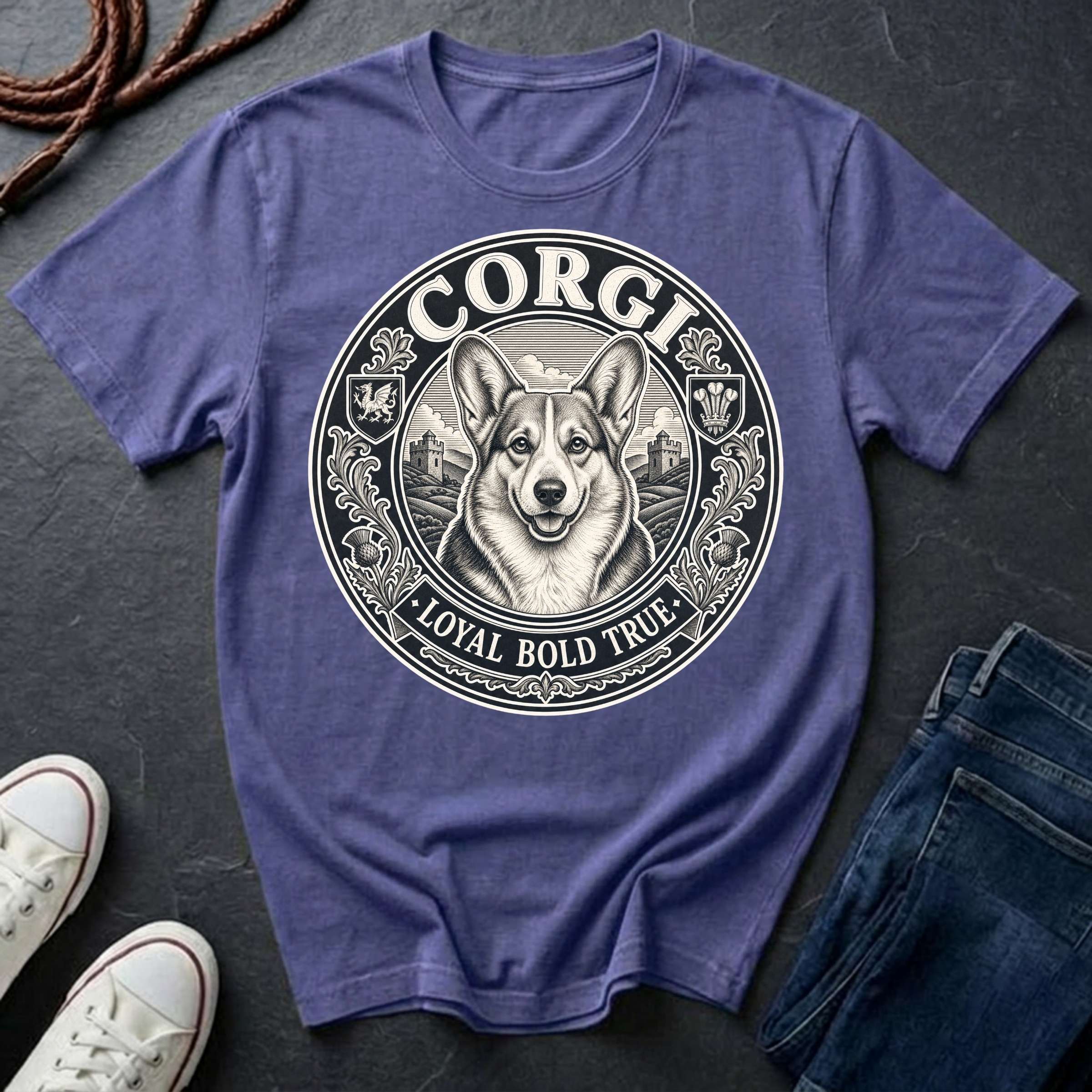 Corgi Heritage Badge t-shirt design featuring vintage crest emblem with Pembroke Welsh Corgi portrait on a violet Comfort Colors tee