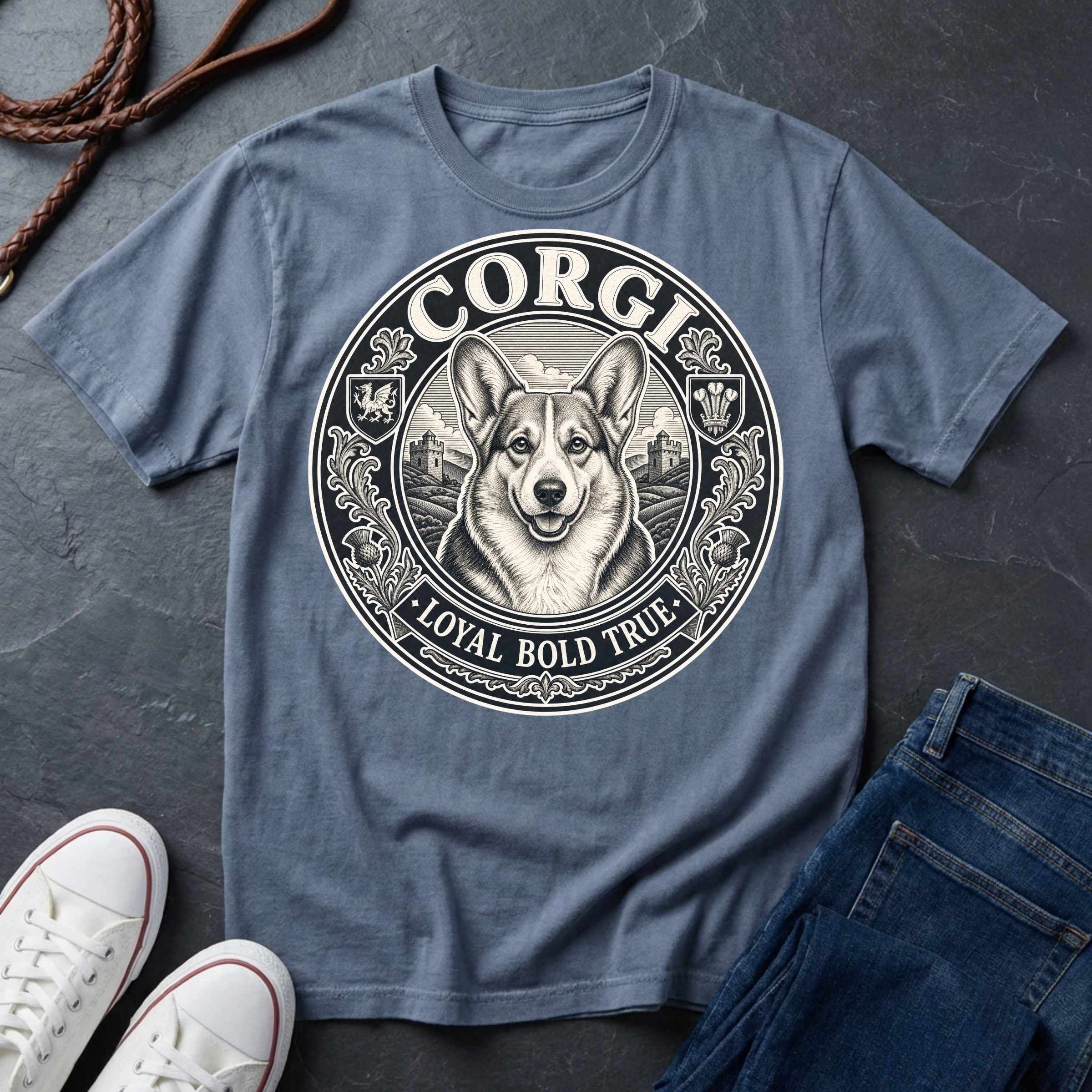 Corgi Heritage Badge t-shirt design featuring vintage crest emblem with Pembroke Welsh Corgi portrait on a blue jean Comfort Colors tee