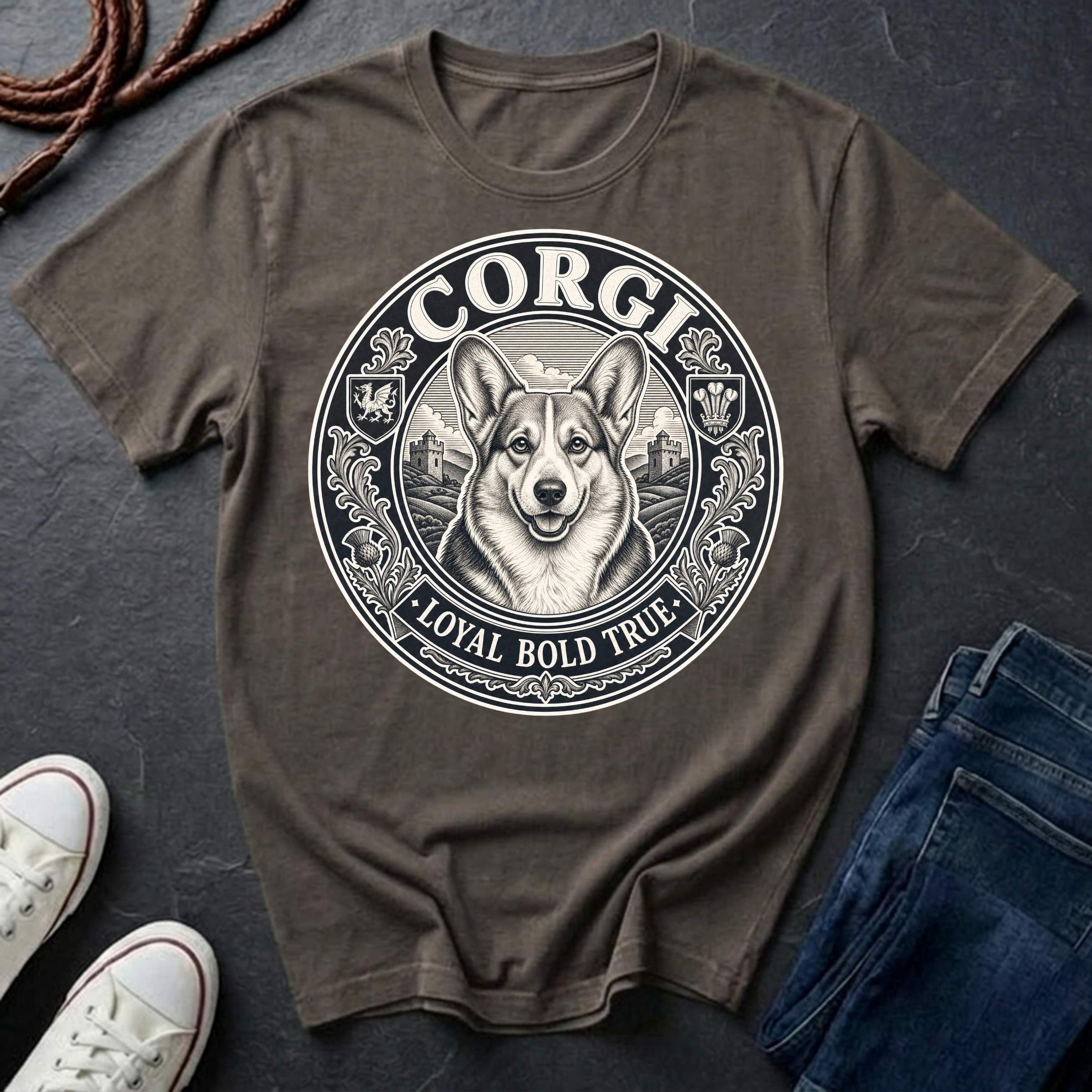 Corgi Heritage Badge t-shirt design featuring vintage crest emblem with Pembroke Welsh Corgi portrait on a grey Comfort Colors tee