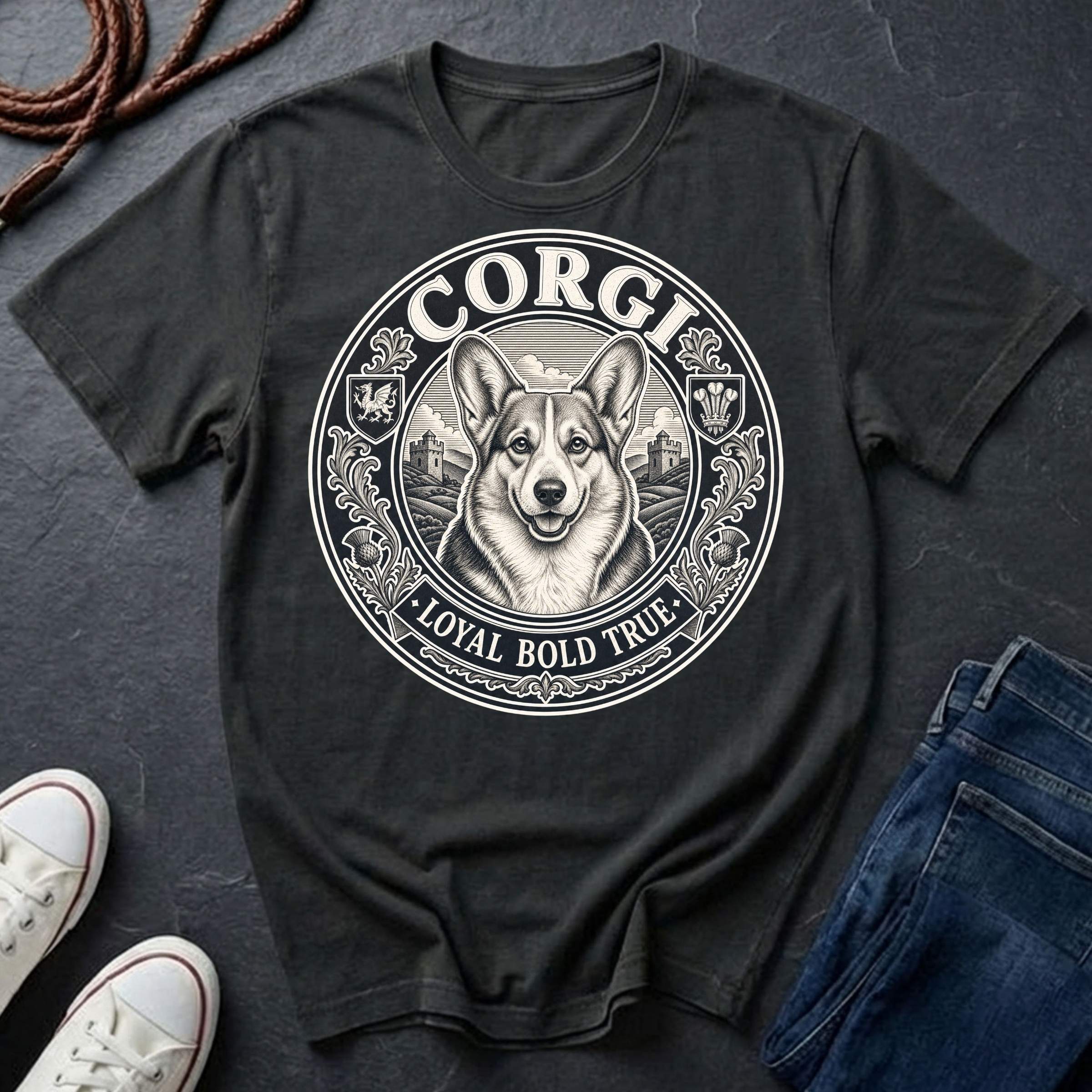 Corgi Heritage Badge t-shirt design featuring vintage crest emblem with Pembroke Welsh Corgi portrait on a black Comfort Colors tee