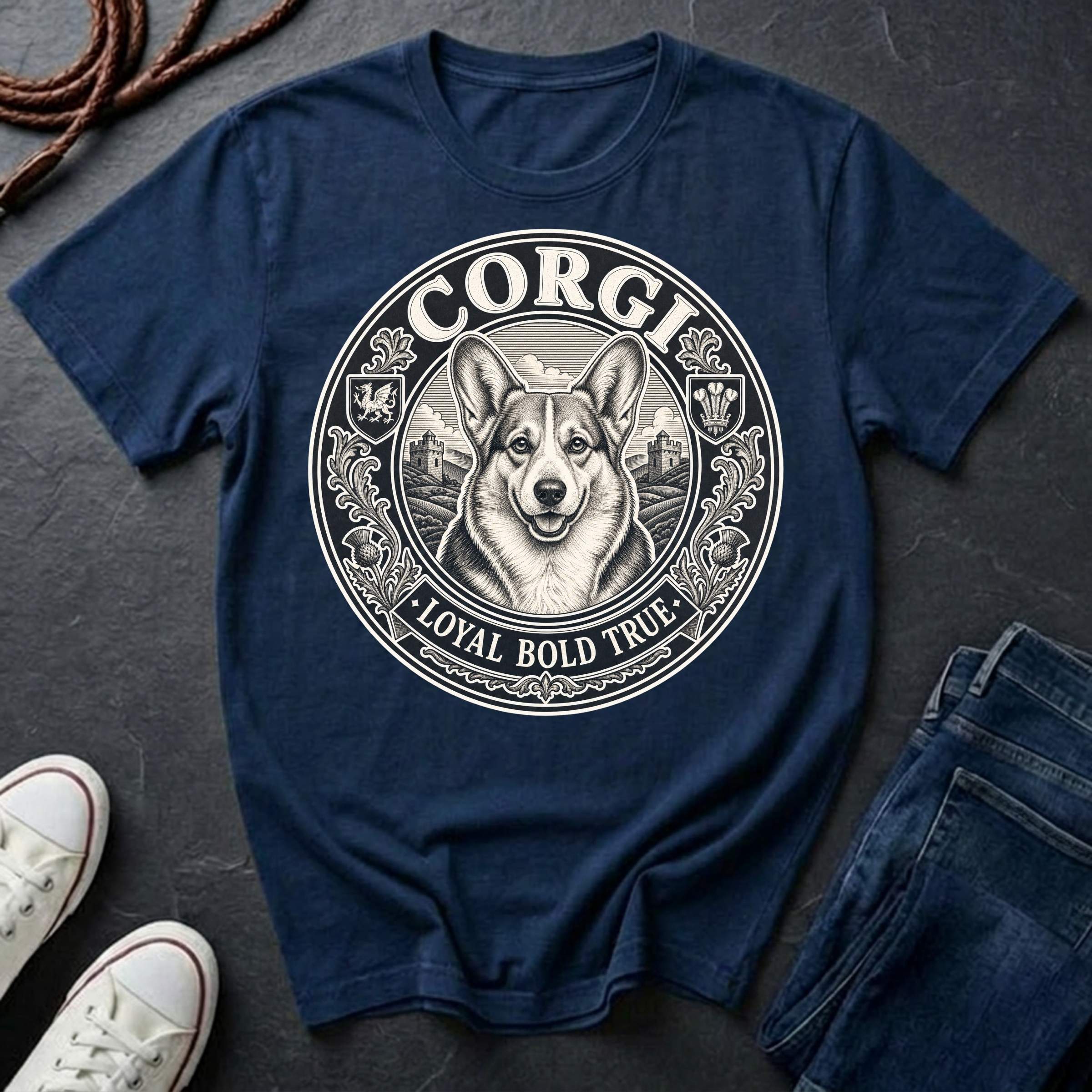Corgi Heritage Badge t-shirt design featuring vintage crest emblem with Pembroke Welsh Corgi portrait on a navy Comfort Colors tee
