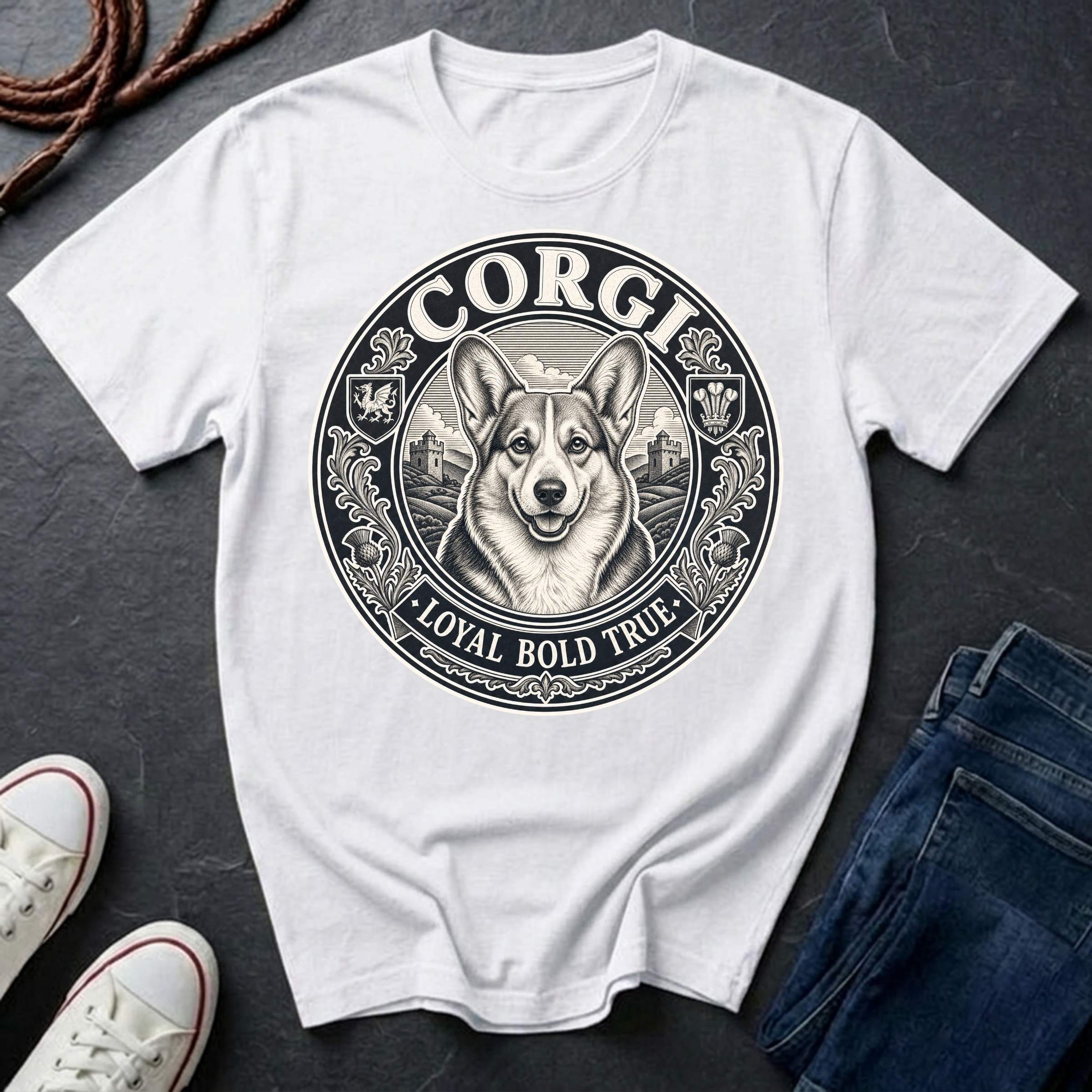 Corgi Heritage Badge t-shirt design featuring vintage crest emblem with Pembroke Welsh Corgi portrait on a white Comfort Colors tee