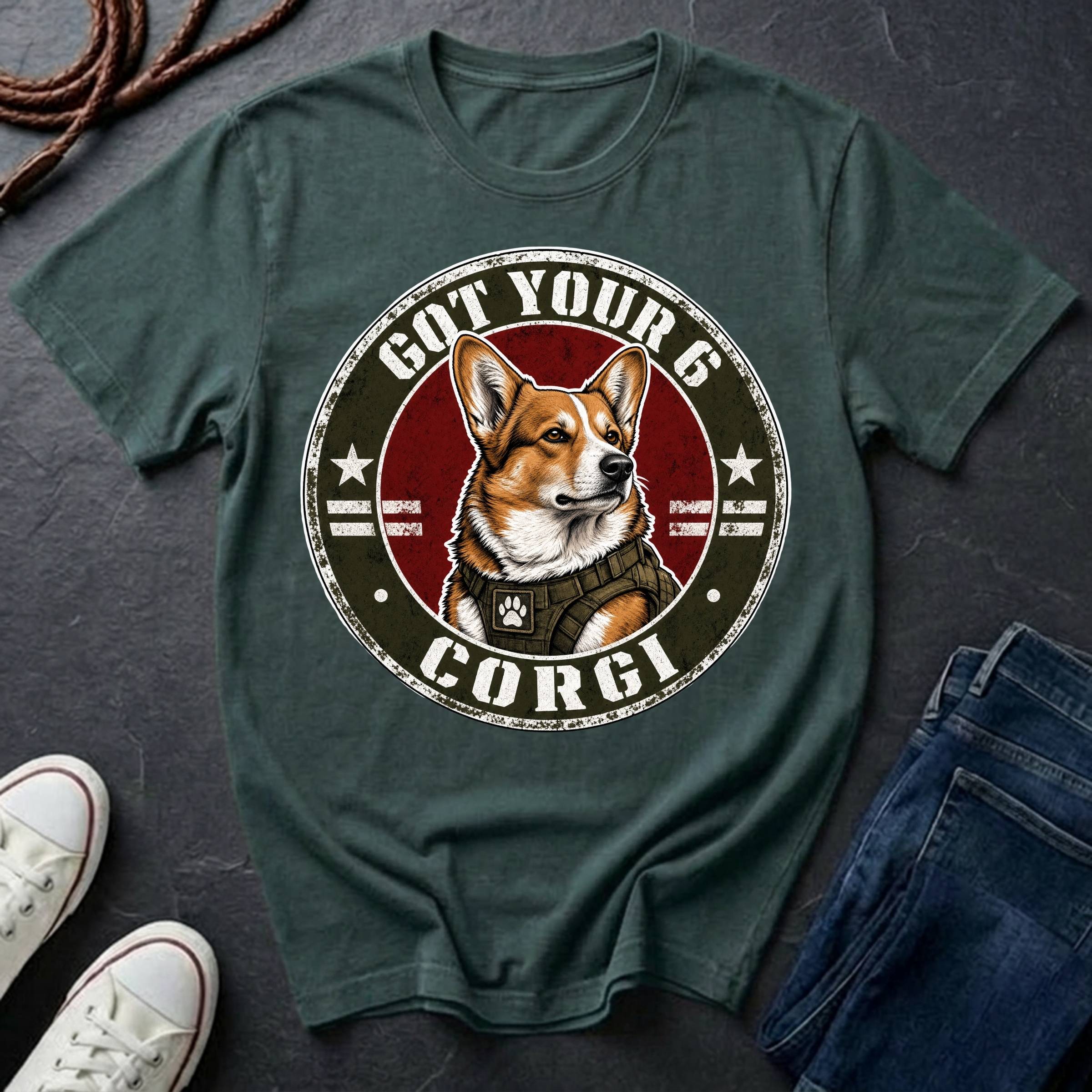 Corgi Got Your 6 t-shirt design featuring tactical badge with fierce Corgi bust on a blue spruce Comfort Colors tee