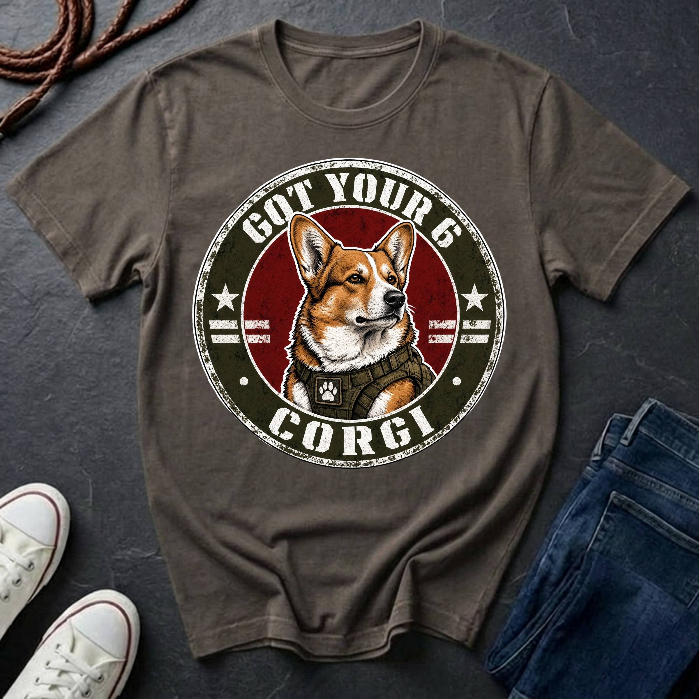 Corgi Got Your 6 t-shirt design featuring tactical badge with fierce Corgi bust on a grey Comfort Colors tee