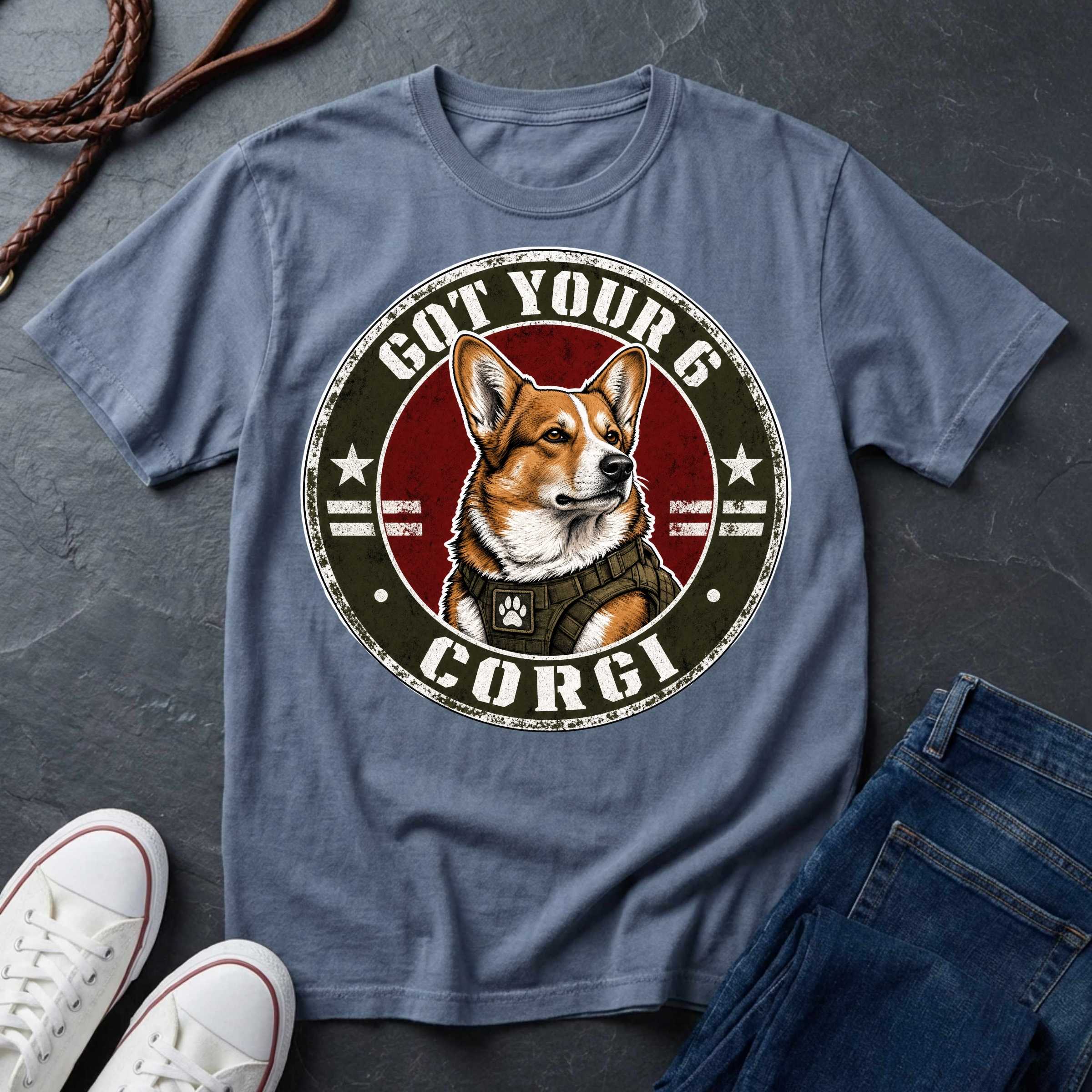 Corgi Got Your 6 t-shirt design featuring tactical badge with fierce Corgi bust on a blue jean Comfort Colors tee