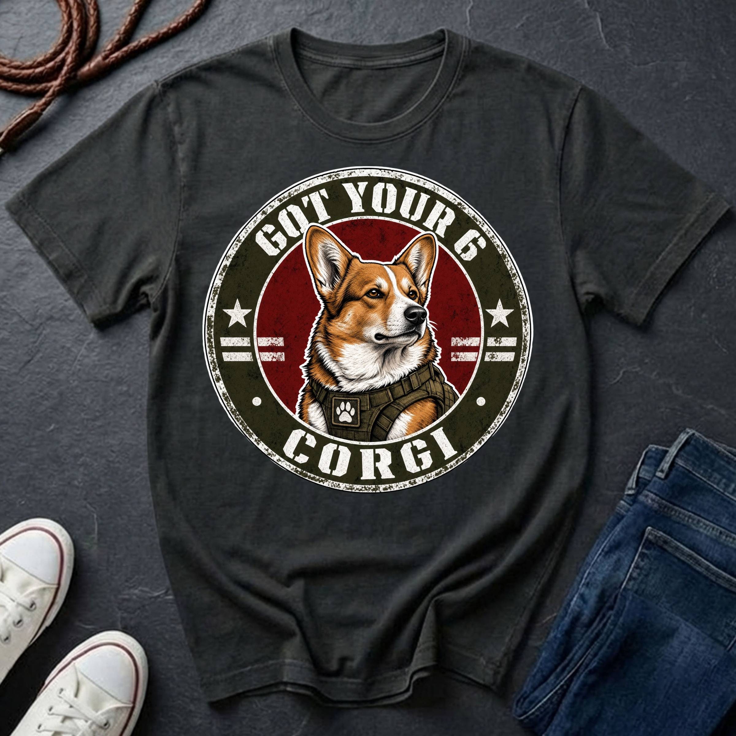 Corgi Got Your 6 t-shirt design featuring tactical badge with fierce Corgi bust on a black Comfort Colors tee