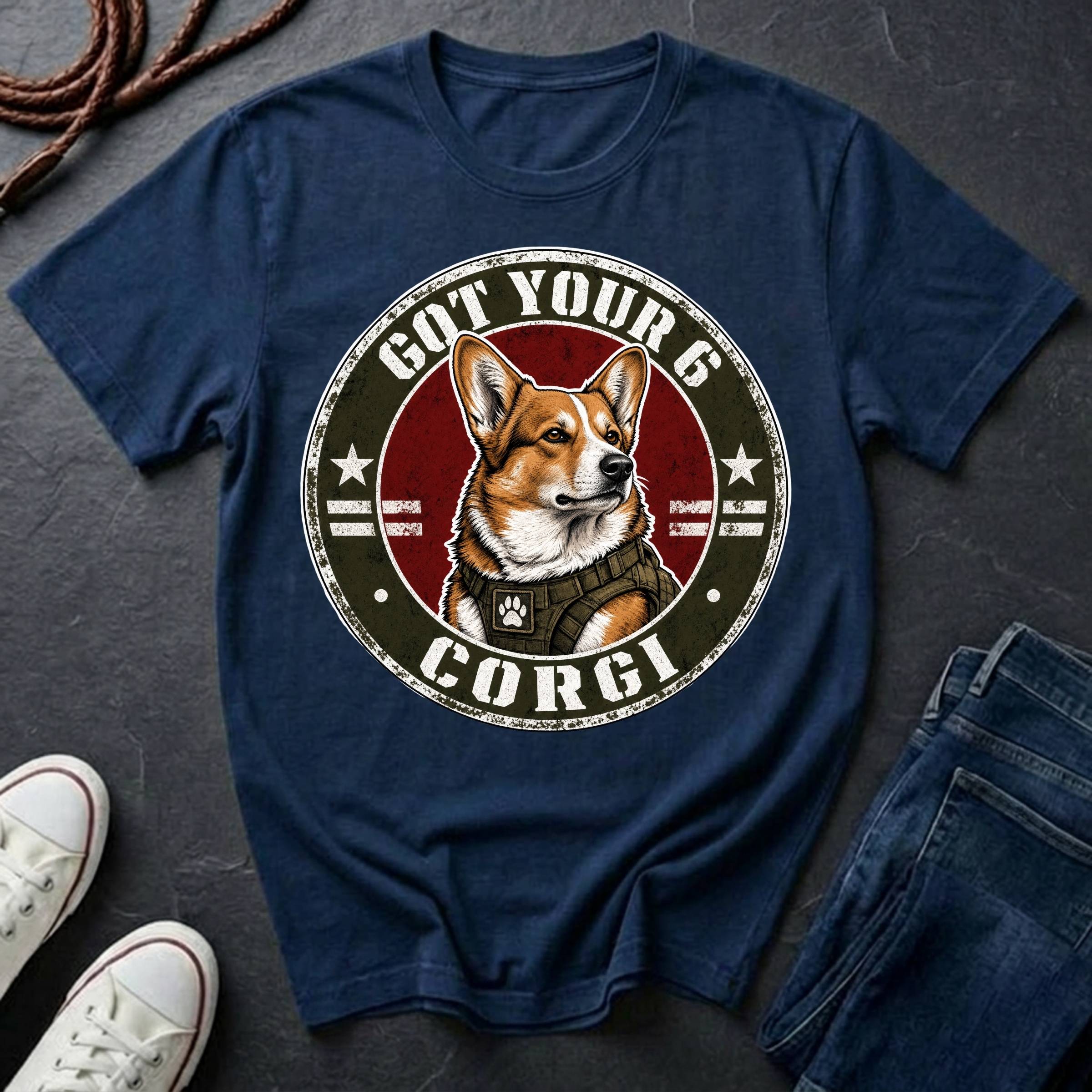 Corgi Got Your 6 t-shirt design featuring tactical badge with fierce Corgi bust on a navy Comfort Colors tee
