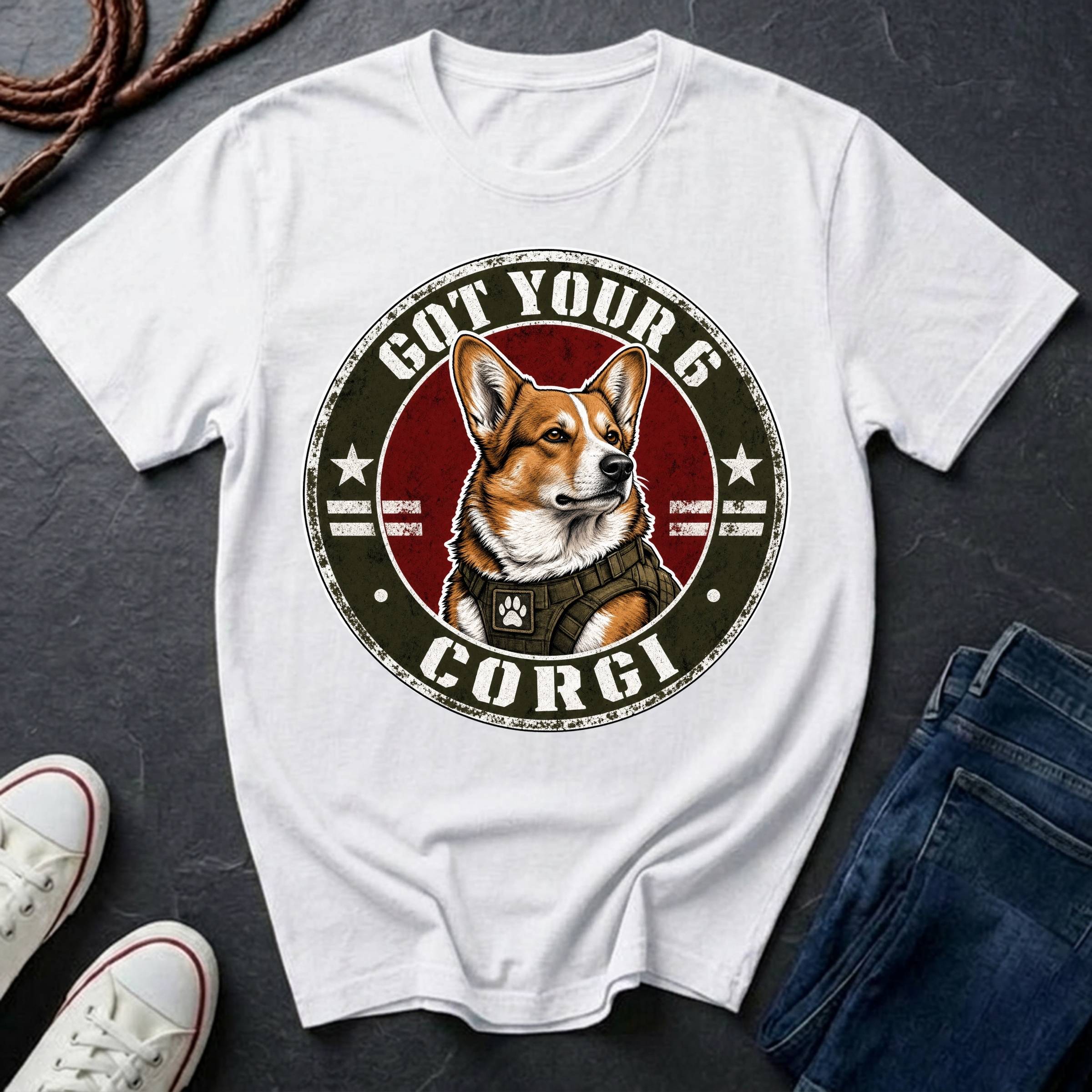 Corgi Got Your 6 t-shirt design featuring tactical badge with fierce Corgi bust on a white Comfort Colors tee