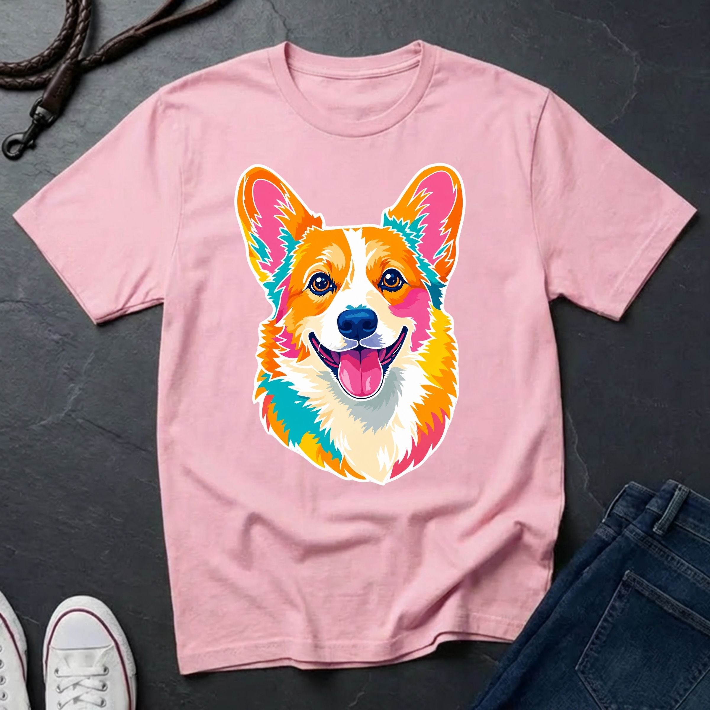 Corgi Pop Art t-shirt design featuring colorful graphic dog portrait on a blossom Comfort Colors tee