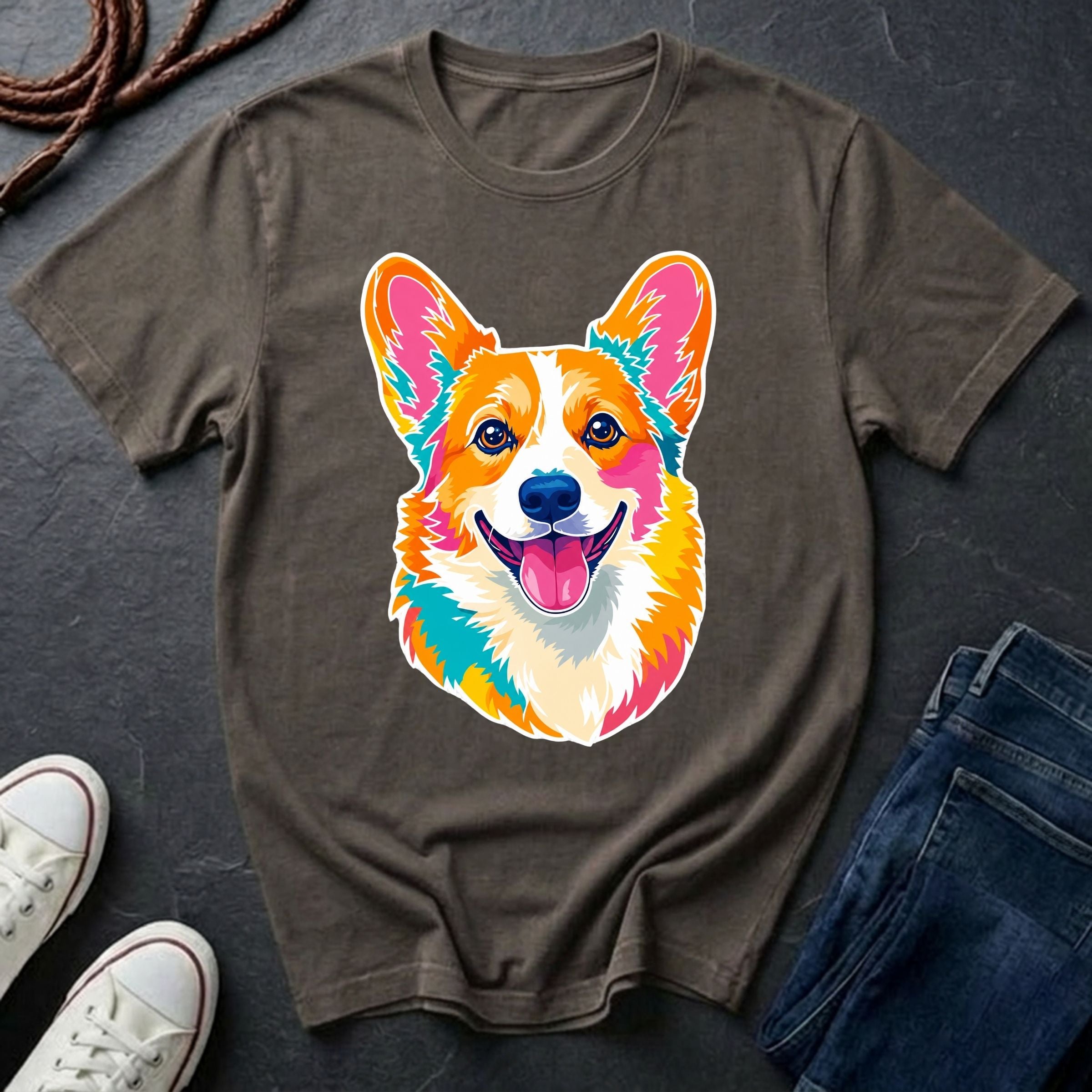 Corgi Pop Art t-shirt design featuring colorful graphic dog portrait on a grey Comfort Colors tee