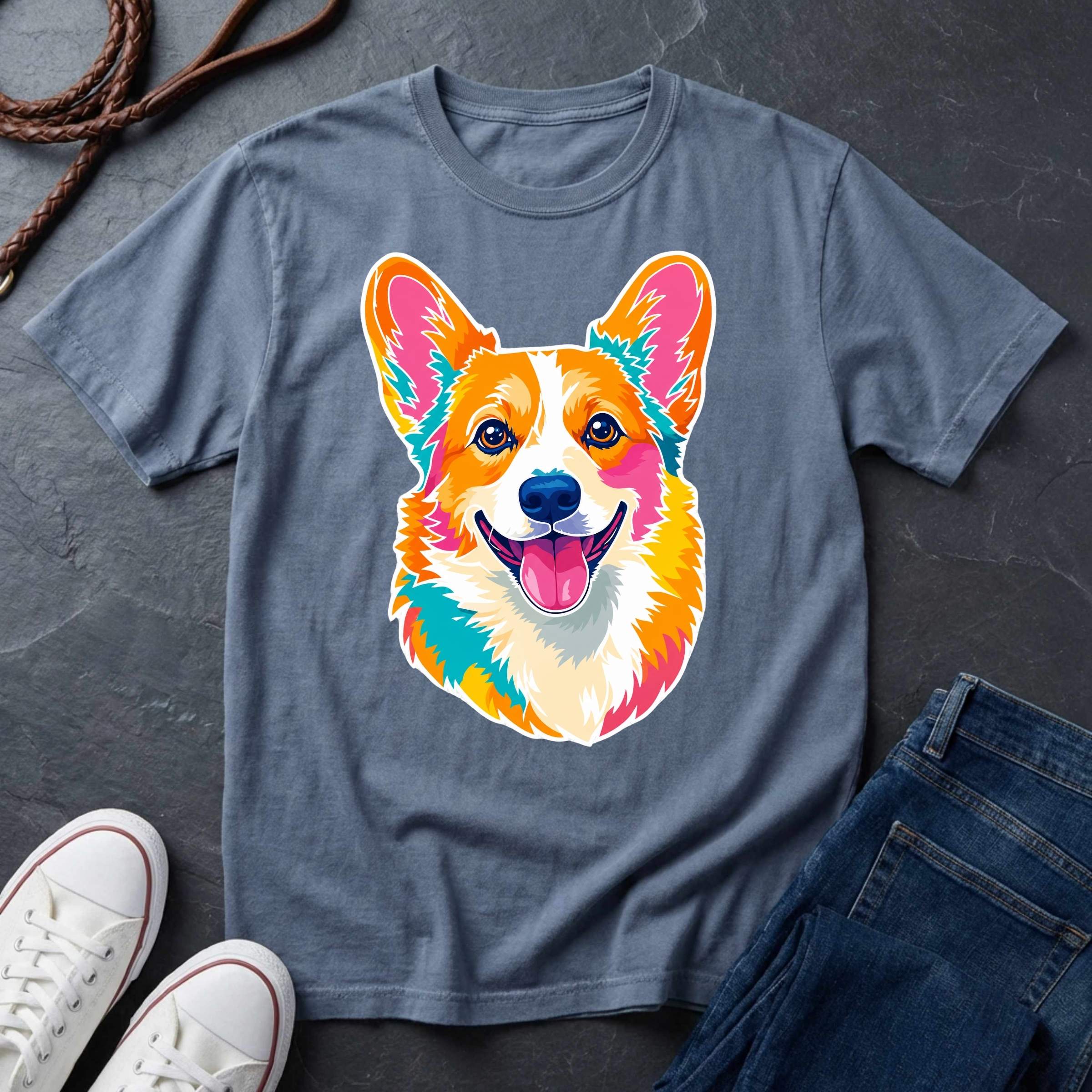 Corgi Pop Art t-shirt design featuring colorful graphic dog portrait on a blue jean Comfort Colors tee