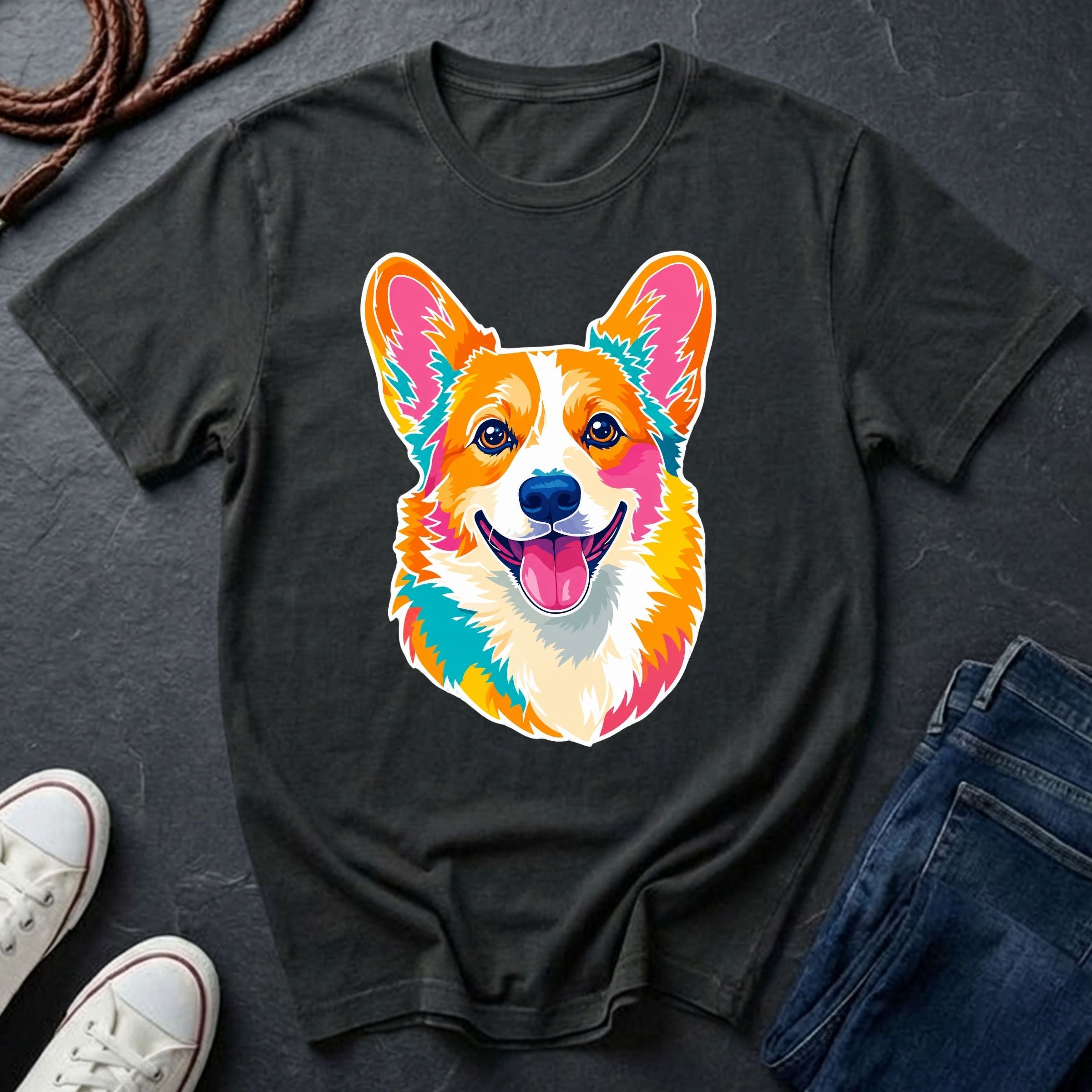 Corgi Pop Art t-shirt design featuring colorful graphic dog portrait on a black Comfort Colors tee