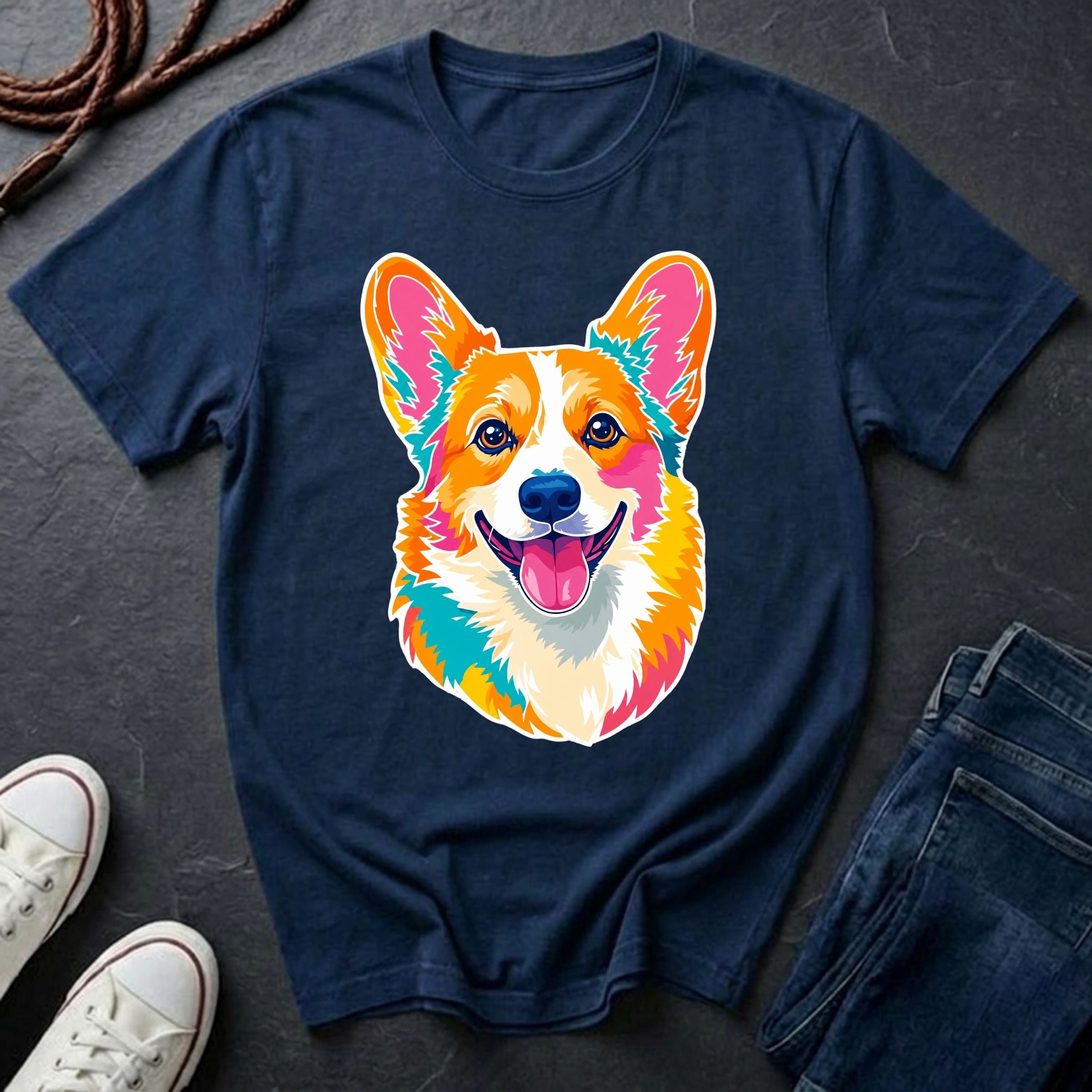 Corgi Pop Art t-shirt design featuring colorful graphic dog portrait on a navy Comfort Colors tee