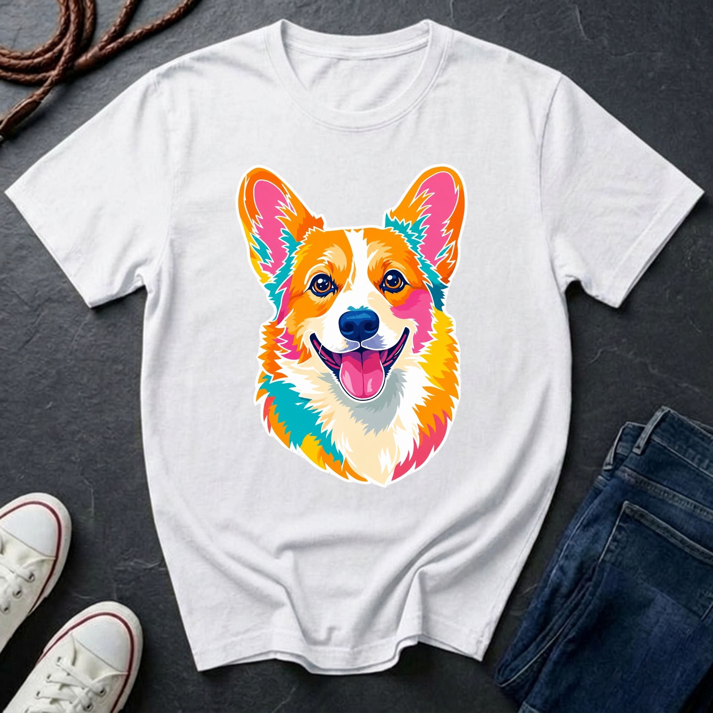 Corgi Pop Art t-shirt design featuring colorful graphic dog portrait on a white Comfort Colors tee
