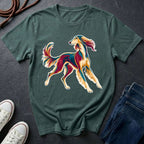 Saluki Pop Art t-shirt design featuring colorful elegant sighthound silhouette on blue spruce Comfort Colors tee