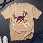 Saluki Pop Art t-shirt design featuring colorful elegant sighthound silhouette on ivory Comfort Colors tee