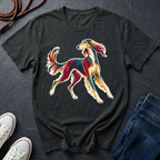 Saluki Pop Art t-shirt design featuring colorful elegant sighthound silhouette on black Comfort Colors tee