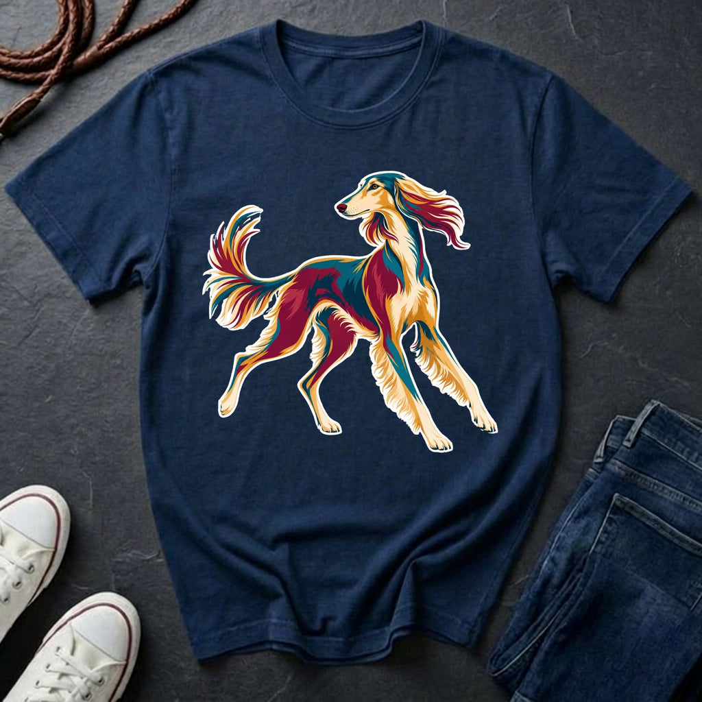 Saluki Pop Art t-shirt design featuring colorful elegant sighthound silhouette on navy Comfort Colors tee