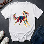 Saluki Pop Art t-shirt design featuring colorful elegant sighthound silhouette on white Comfort Colors tee