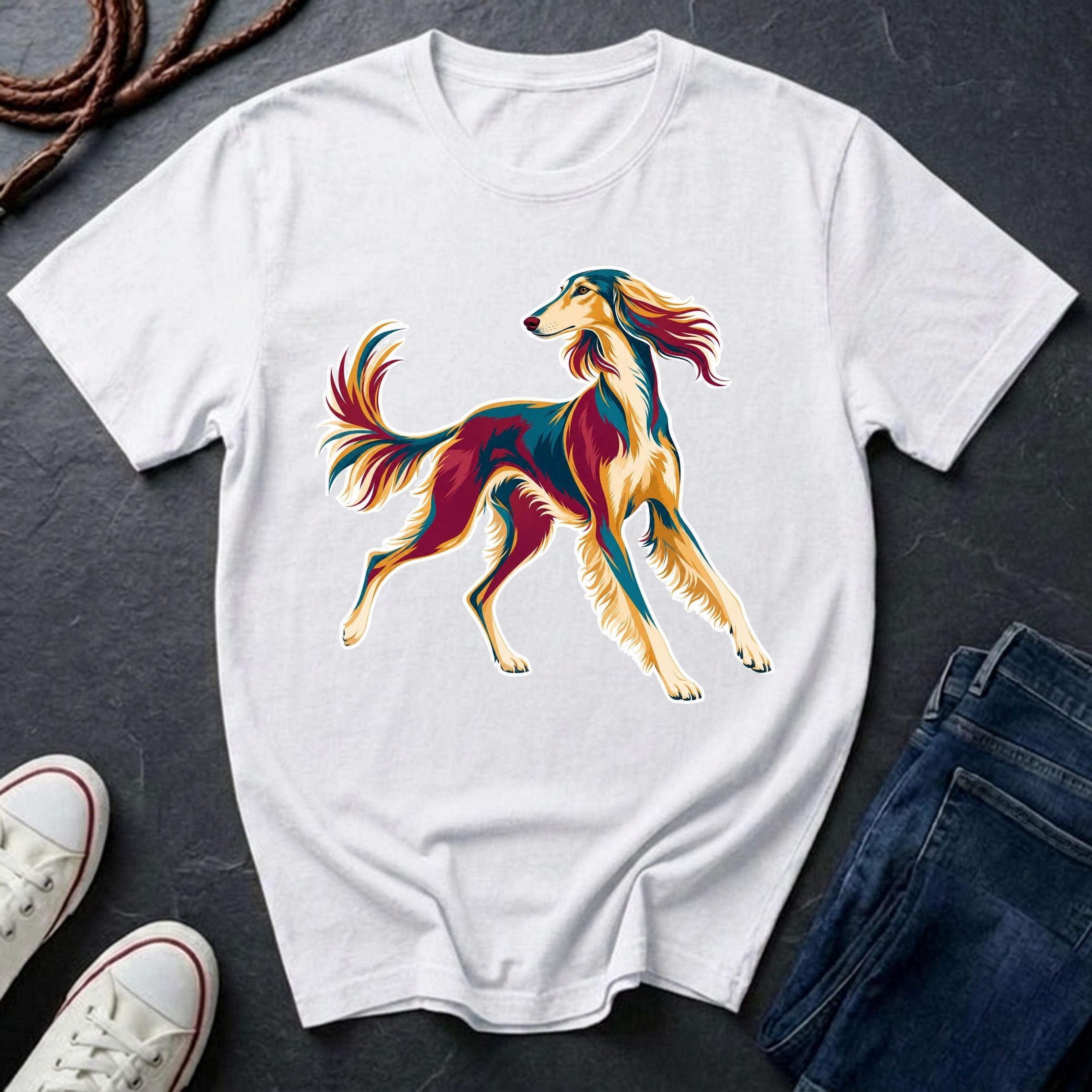 Saluki Pop Art t-shirt design featuring colorful elegant sighthound silhouette on white Comfort Colors tee