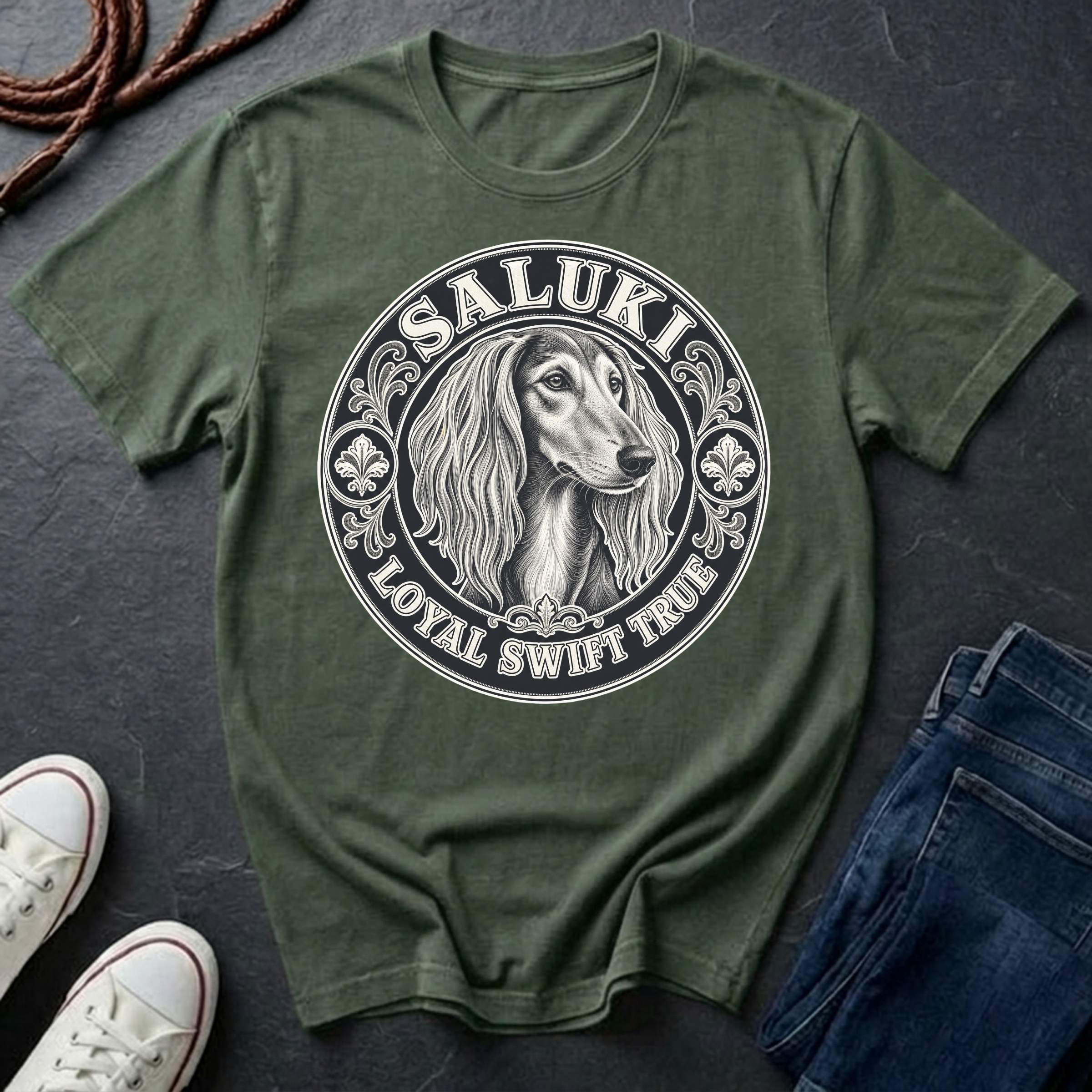 Saluki Heritage Badge t-shirt design featuring vintage crest emblem with elegant sighthound portrait on a bay Comfort Colors tee