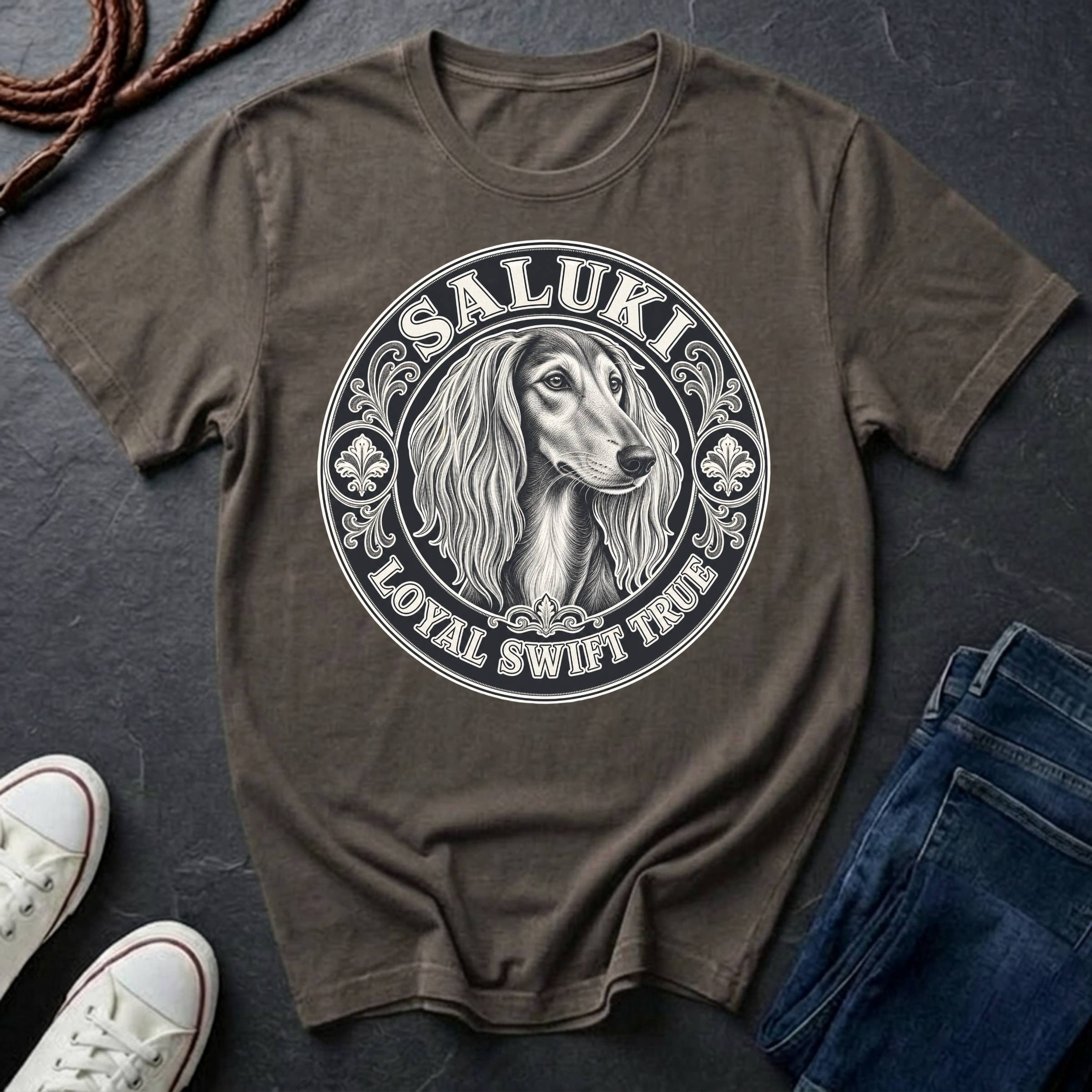 Saluki Heritage Badge t-shirt design featuring vintage crest emblem with elegant sighthound portrait on a grey Comfort Colors tee