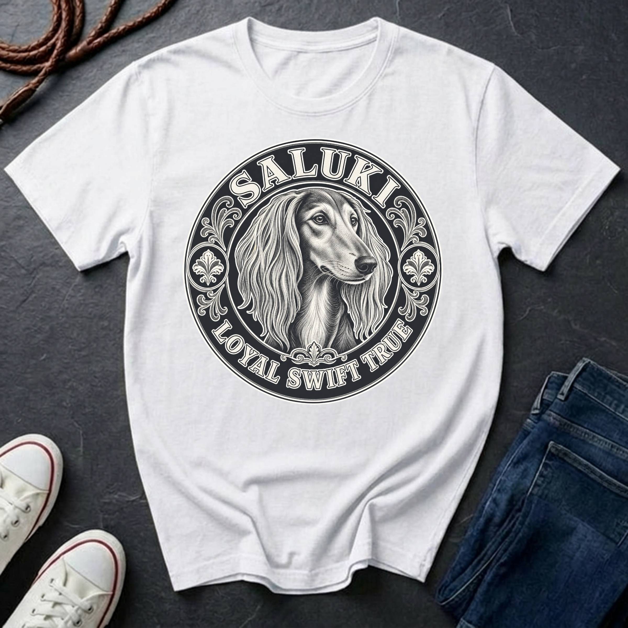 Saluki Heritage Badge t-shirt design featuring vintage crest emblem with elegant sighthound portrait on a white Comfort Colors tee