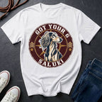 Saluki Got Your 6 t-shirt design featuring tactical badge with elegant sighthound bust on a white Comfort Colors tee