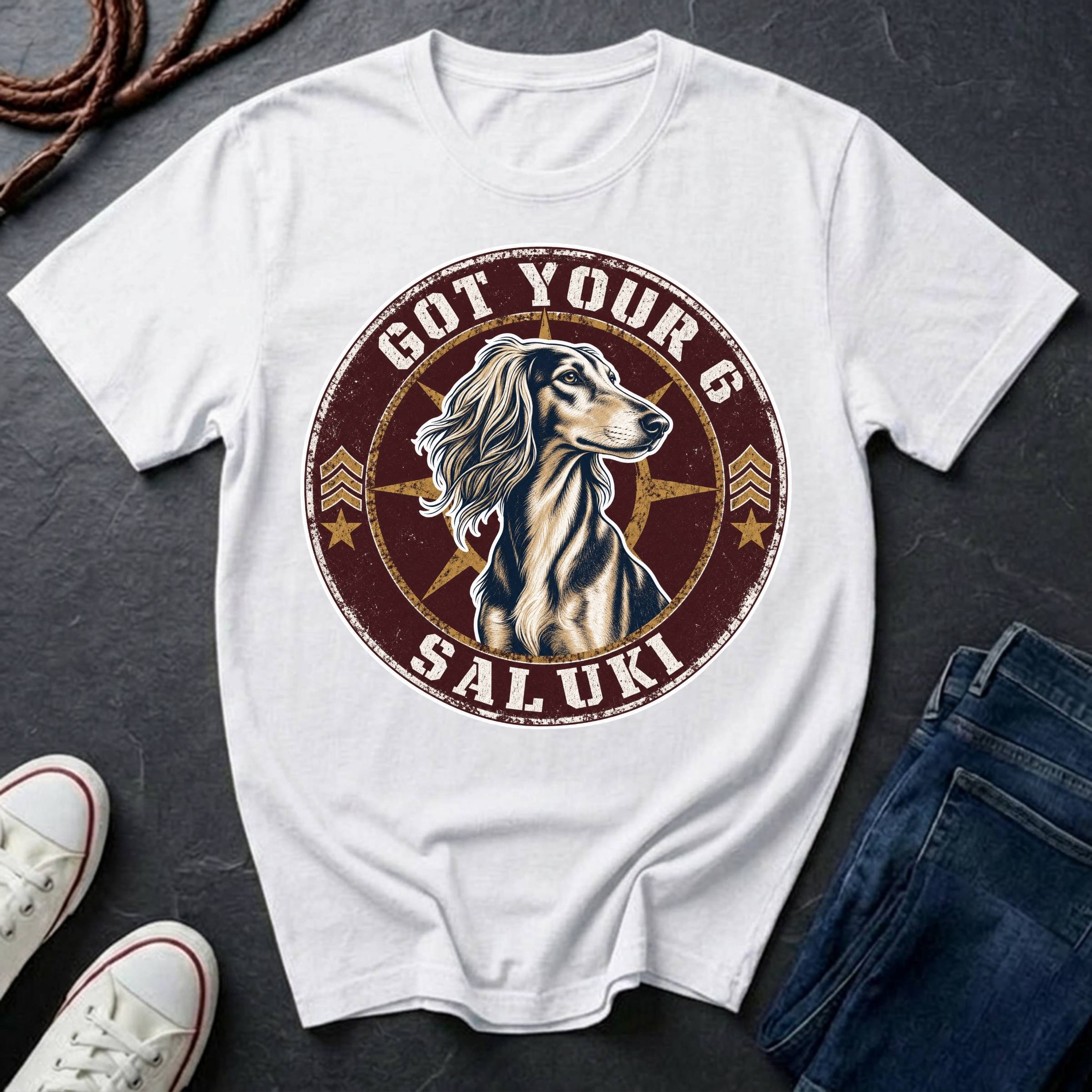 Saluki Got Your 6 t-shirt design featuring tactical badge with elegant sighthound bust on a white Comfort Colors tee