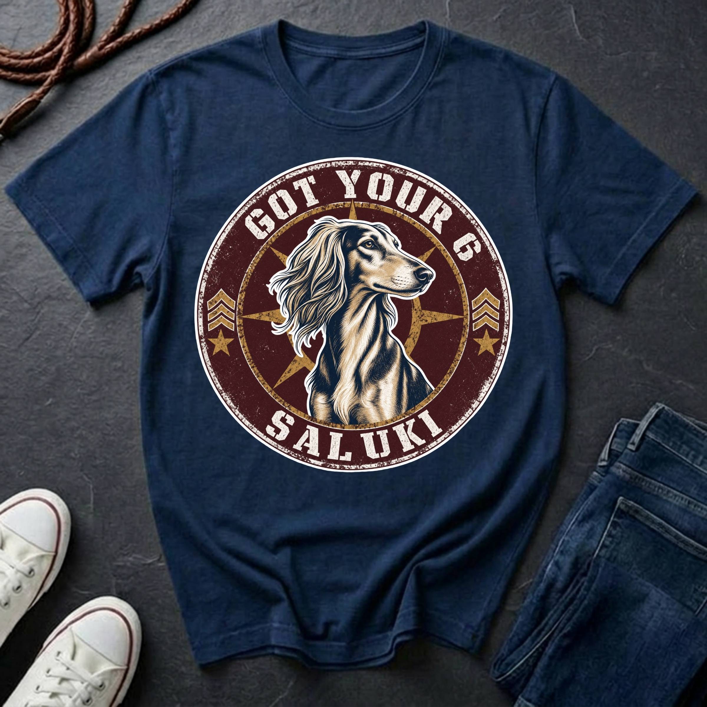 Saluki Got Your 6 t-shirt design featuring tactical badge with elegant sighthound bust on a navy Comfort Colors tee