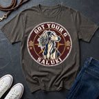 Saluki Got Your 6 t-shirt design featuring tactical badge with elegant sighthound bust on a pepper Comfort Colors tee