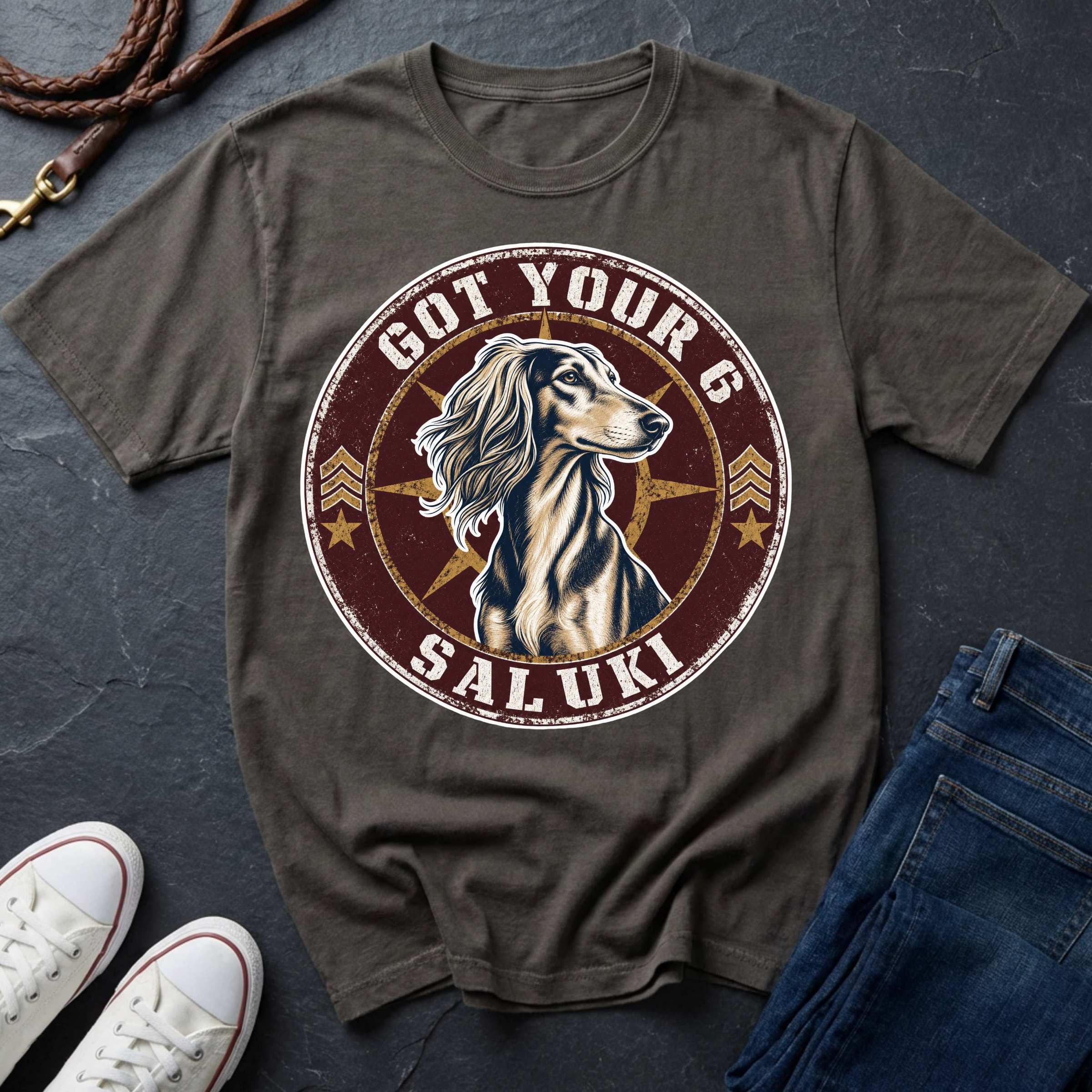 Saluki Got Your 6 t-shirt design featuring tactical badge with elegant sighthound bust on a pepper Comfort Colors tee