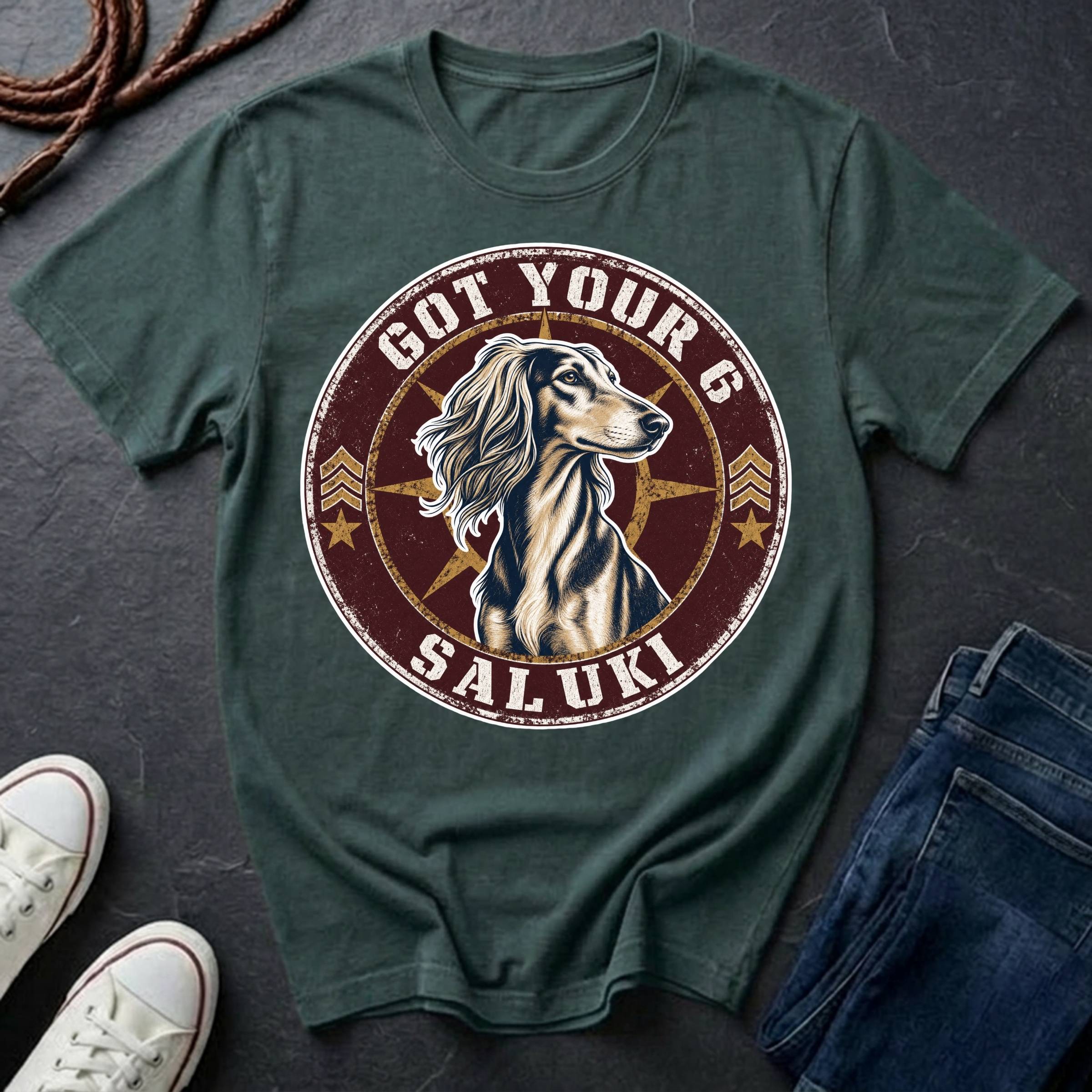 Saluki Got Your 6 t-shirt design featuring tactical badge with elegant sighthound bust on a blue spruce Comfort Colors tee