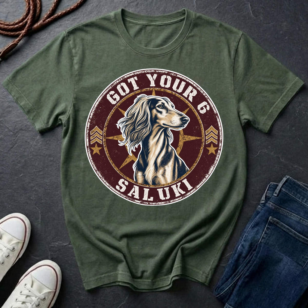 Saluki Got Your 6 t-shirt design featuring tactical badge with elegant sighthound bust on a bay Comfort Colors tee