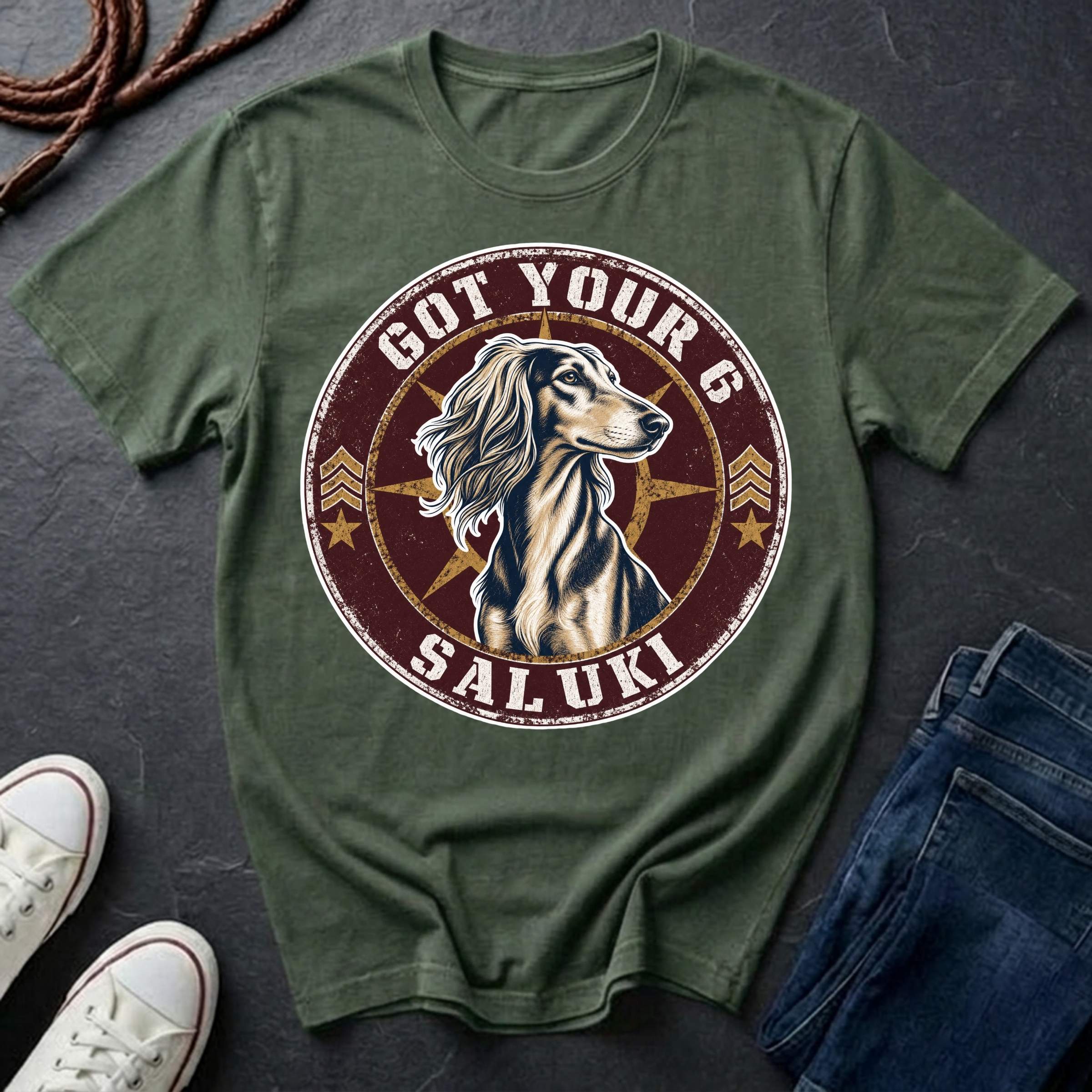 Saluki Got Your 6 t-shirt design featuring tactical badge with elegant sighthound bust on a bay Comfort Colors tee
